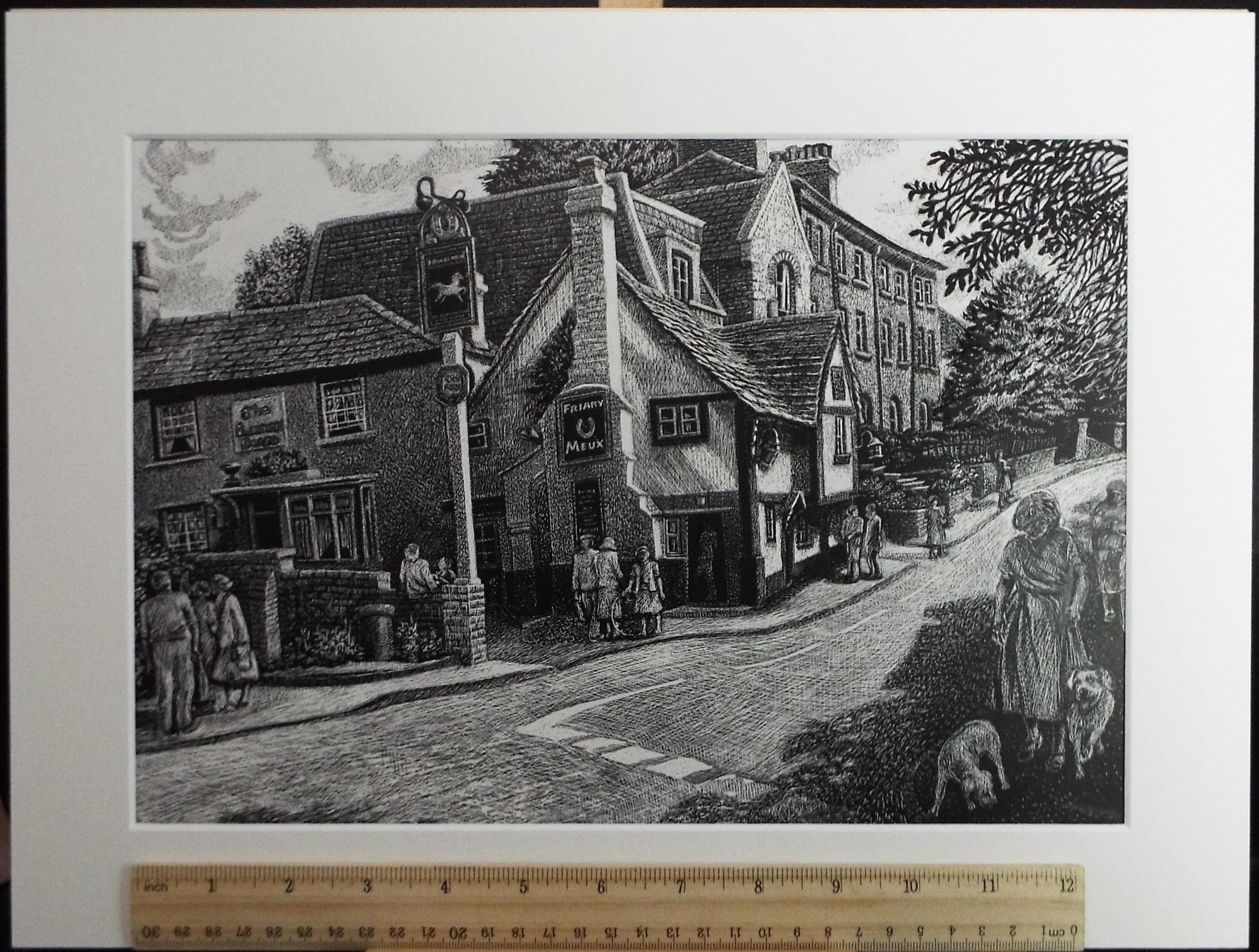 Original Scraperboard & ink drawing, 'The Running Horse, Leatherhead', Lorraine Abraham RSMA (1941-2023), Circa 1990's