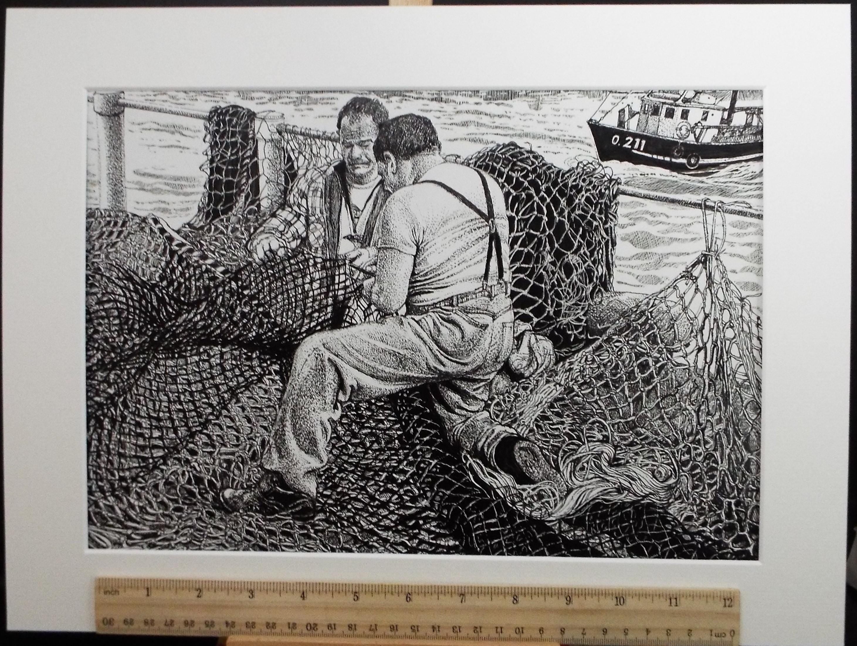 Original Scraperboard & ink drawing, 'Mending the Nets', Lorraine Abraham RSMA (1941-2023), Circa 1990's