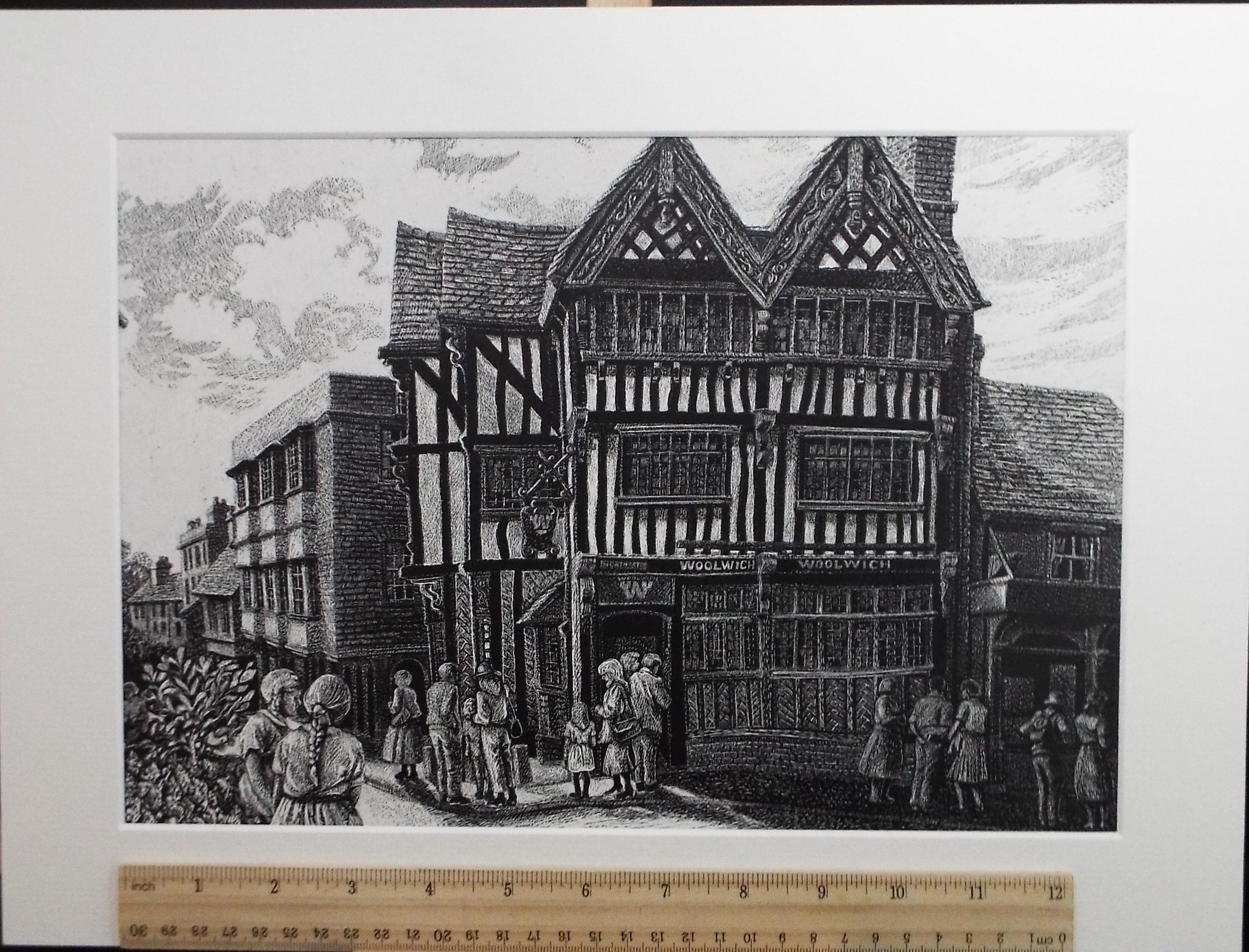 Original Scraperboard & ink drawing, 'The Woolwich, Leatherhead', Lorraine Abraham RSMA (1941-2023), Circa 1990's