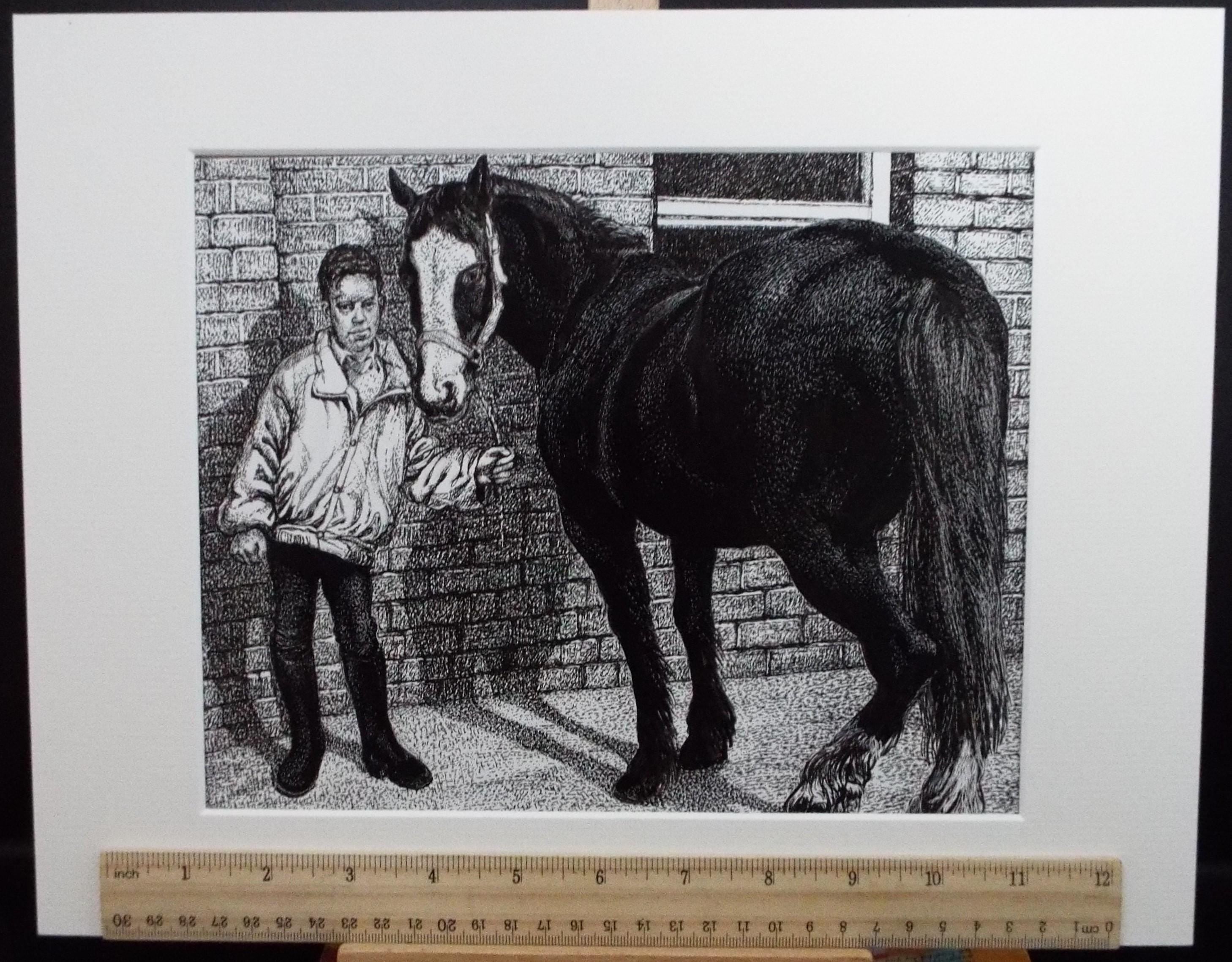 Original Scraperboard & ink drawing, 'The Groom', Lorraine Abraham RSMA (1941-2023), Circa 1990's