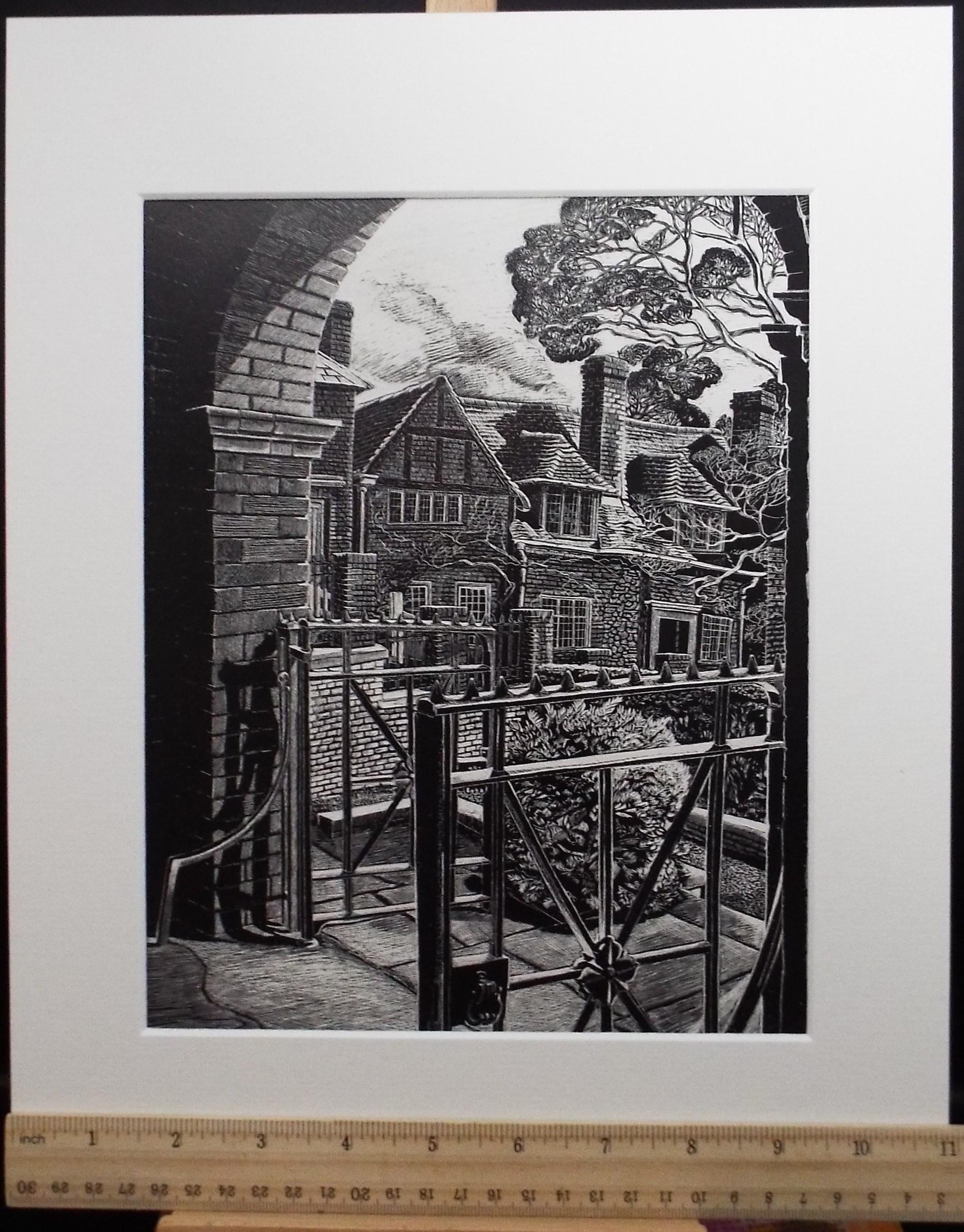 Original Scraperboard drawing, 'Manorhouse', Lorraine Abraham RSMA (1941-2023), Circa 1990's