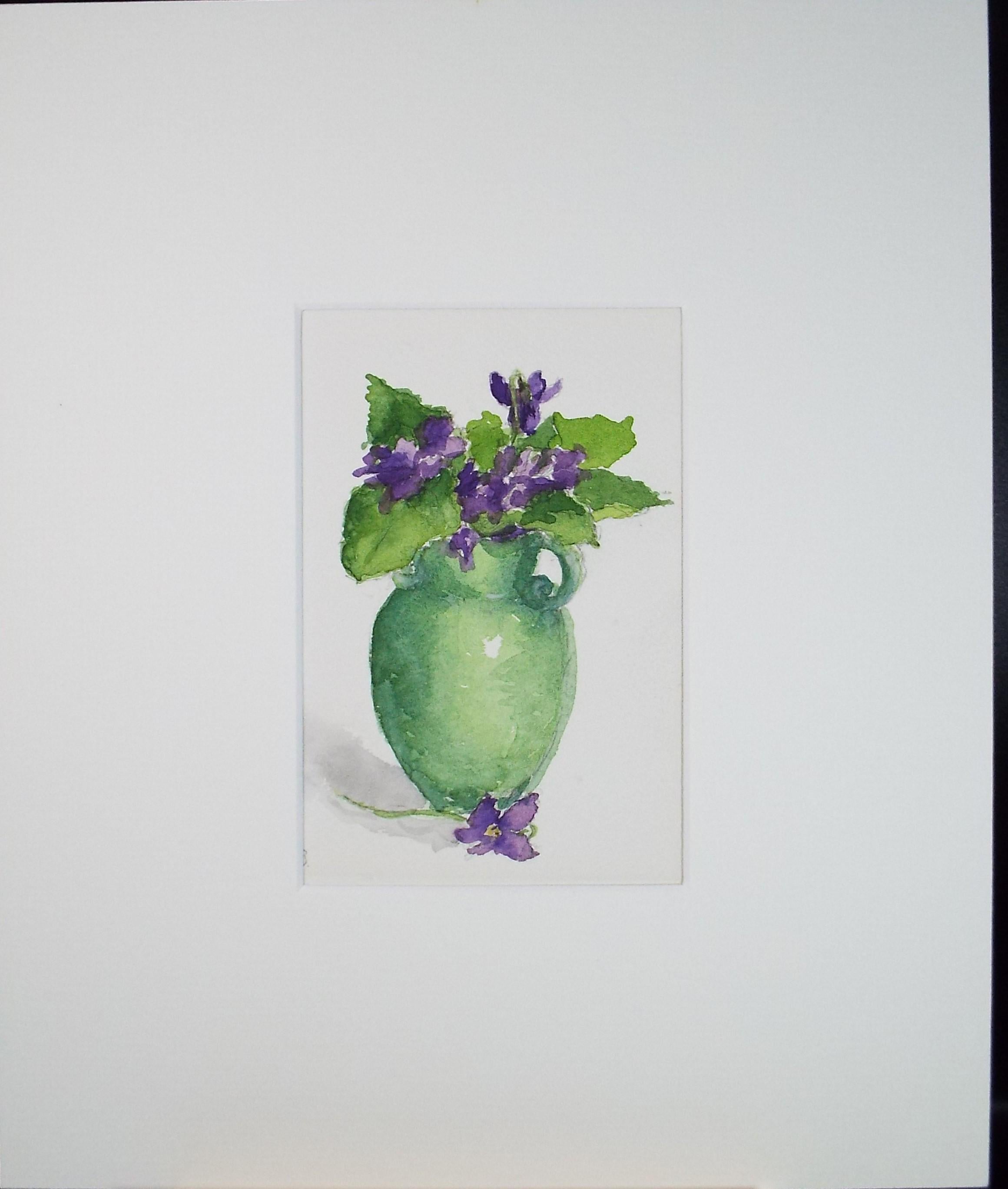 Original Watercolour, 'Still Life with Green Jug & Flowers' circa 1980's, Artist Unknown