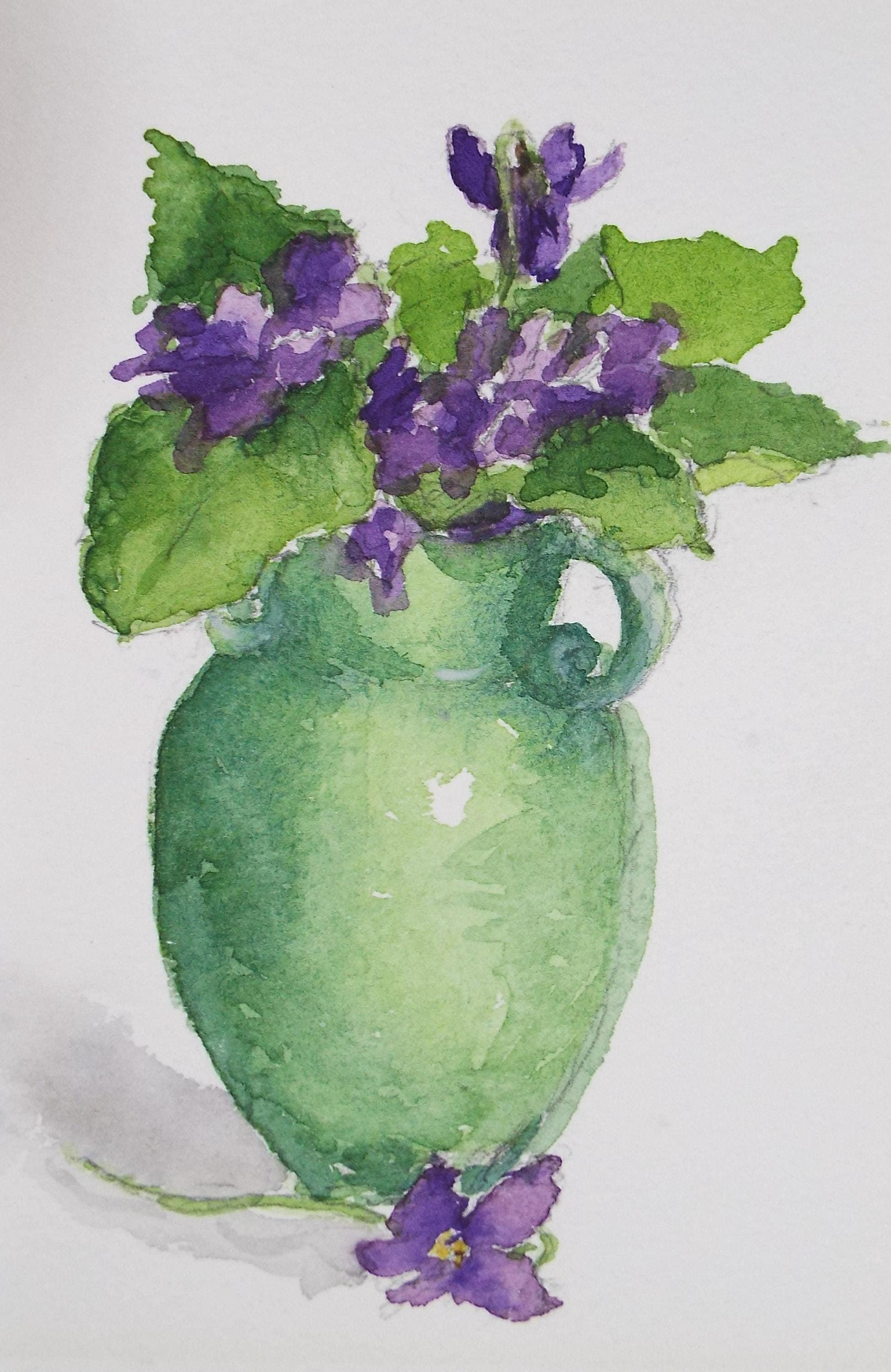 Original Watercolour, 'Still Life with Green Jug & Flowers' circa 1980's, Artist Unknown