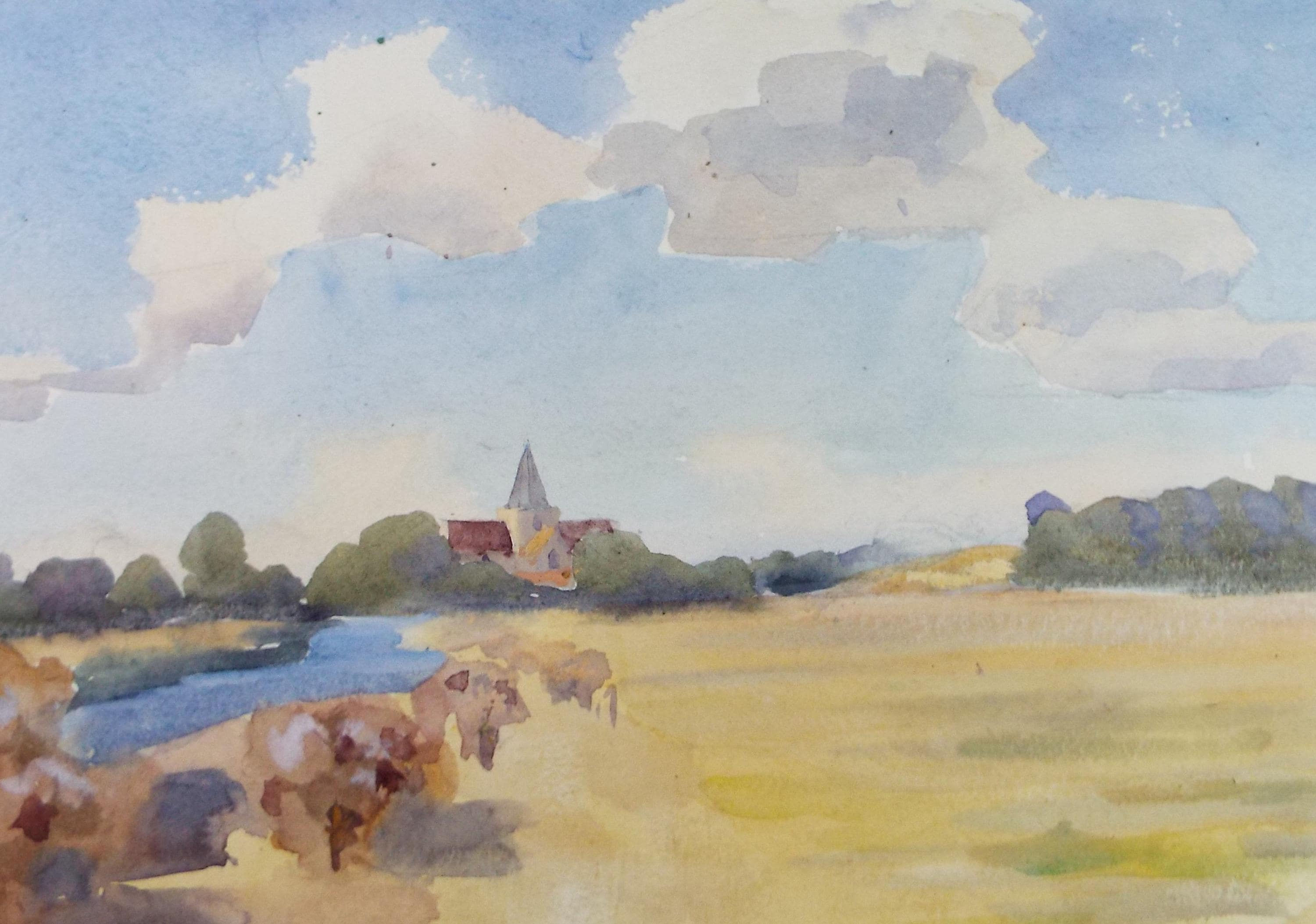 Original Watercolour, 'Church in a Summer Landscape', Circa 1920's, Artist Unknown