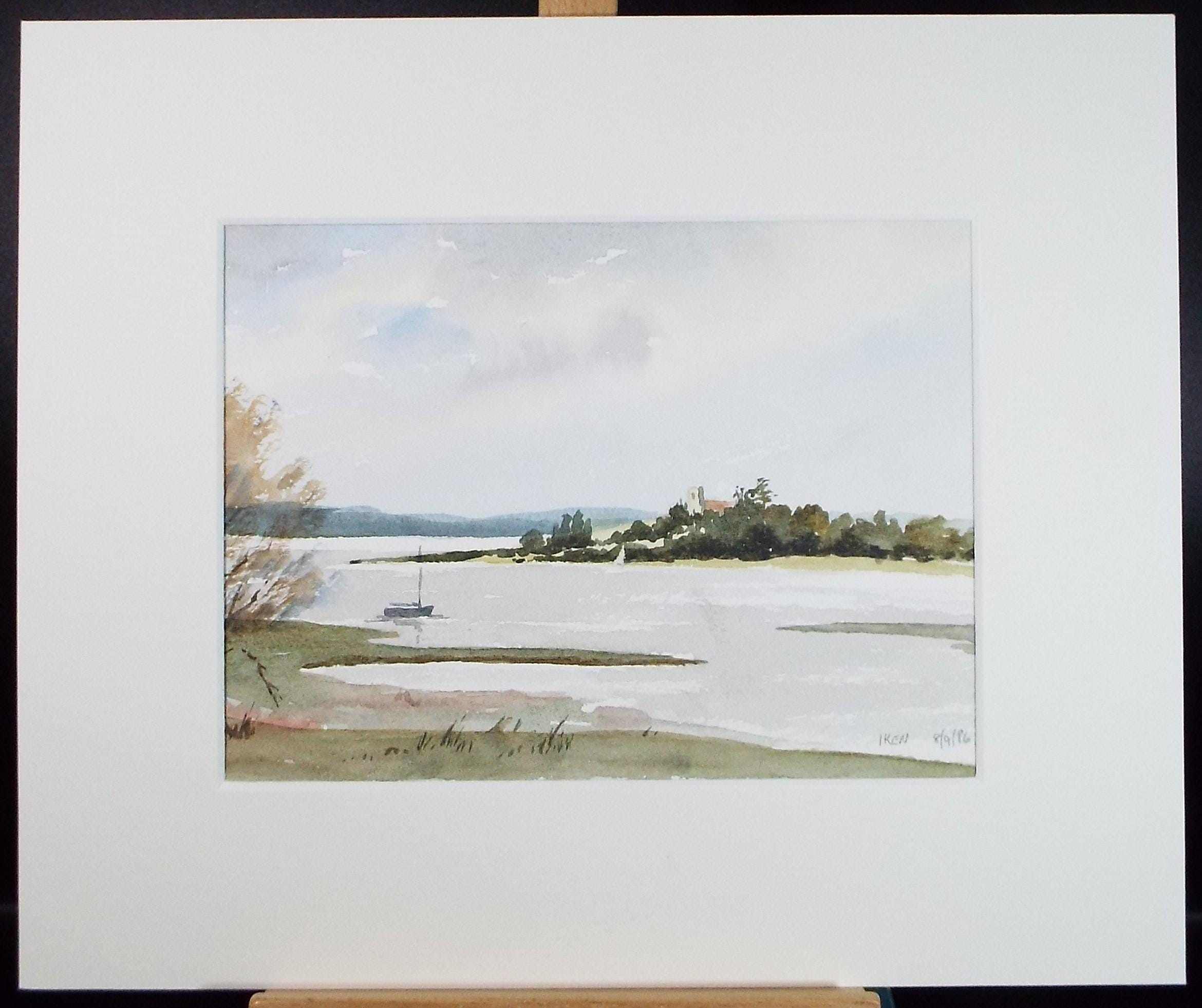 Original Watercolour, 'Moored boat on the River', Dated 1986, Artist Unknown