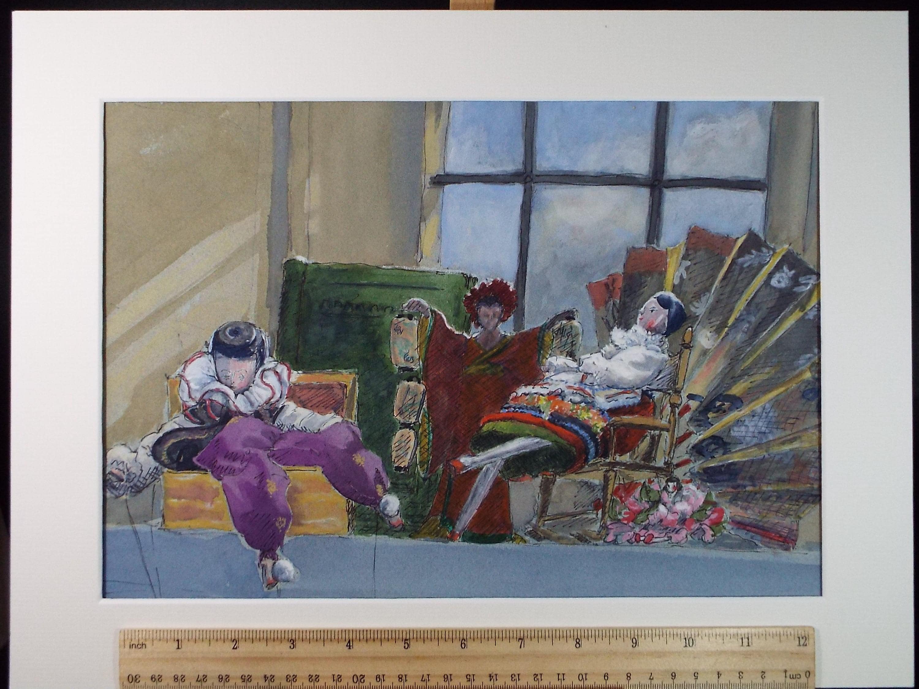 Original Watercolour, 'A Trio of Puppets', Artist Unknown, circa 1980's