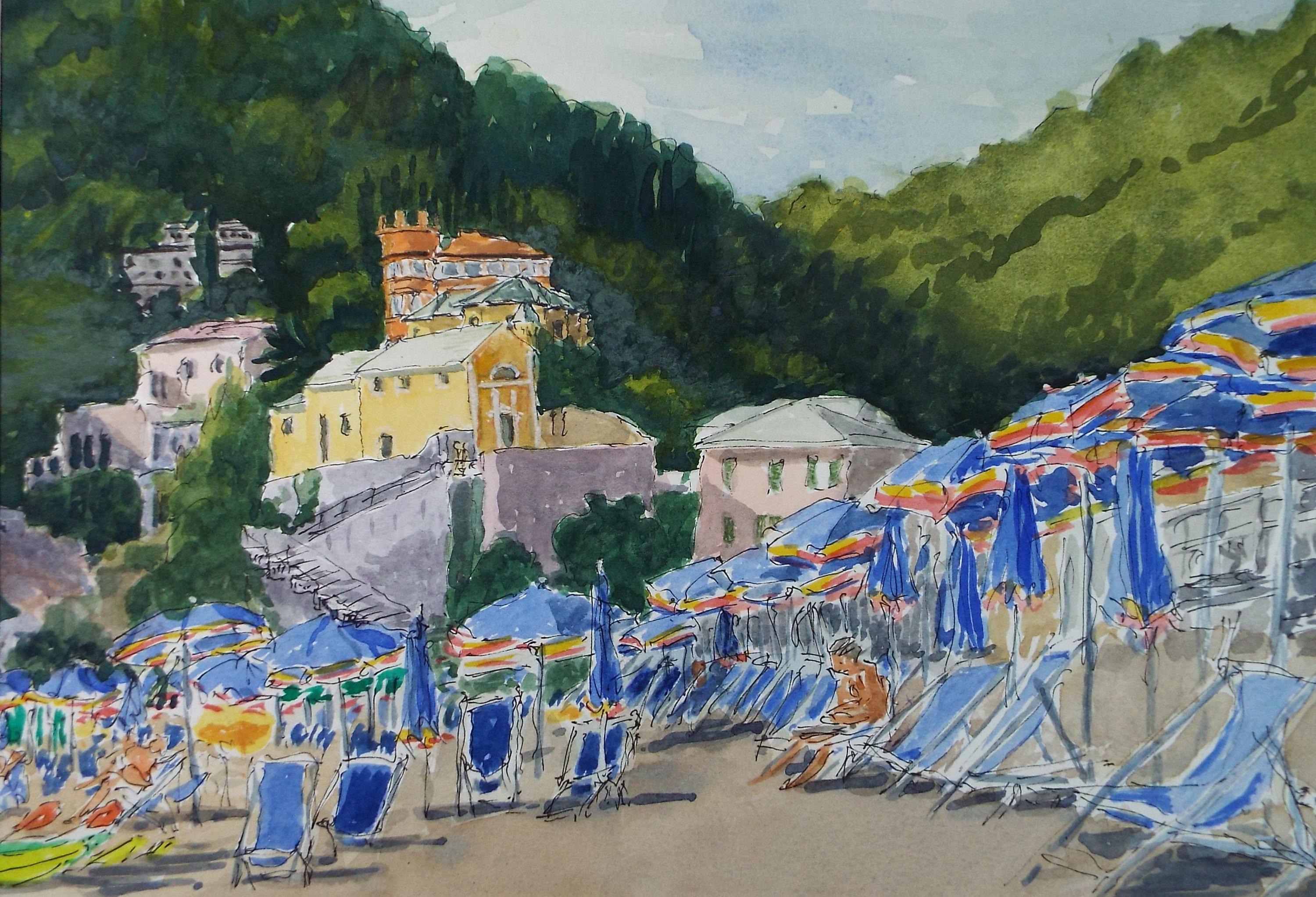 Original Watercolour, 'Beach with Parasols', Circa 1980's, Artist Unknown
