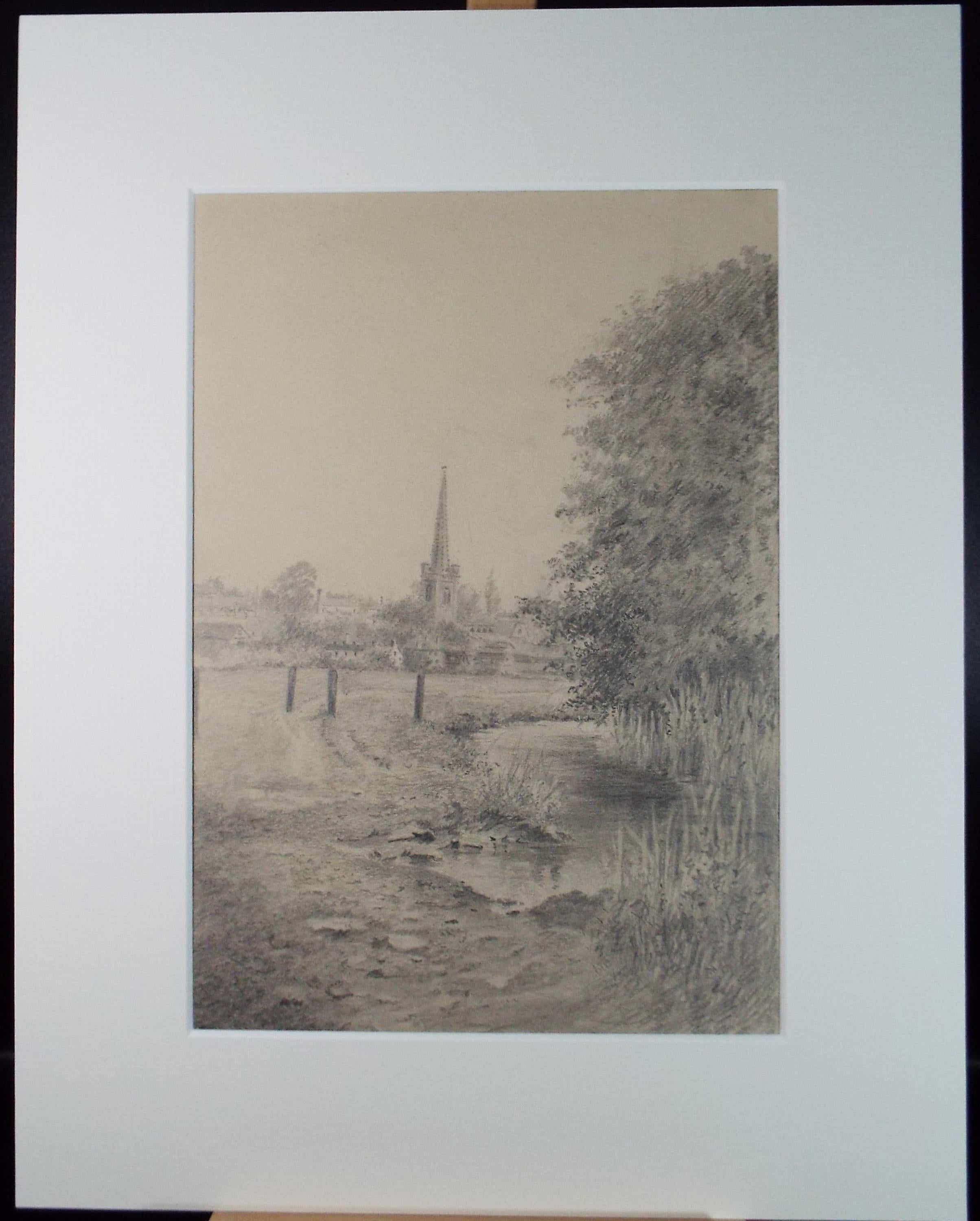 Original pencil drawing 'River with Town Beyond', Marion E Jones (1837-1903), Circa 1860's