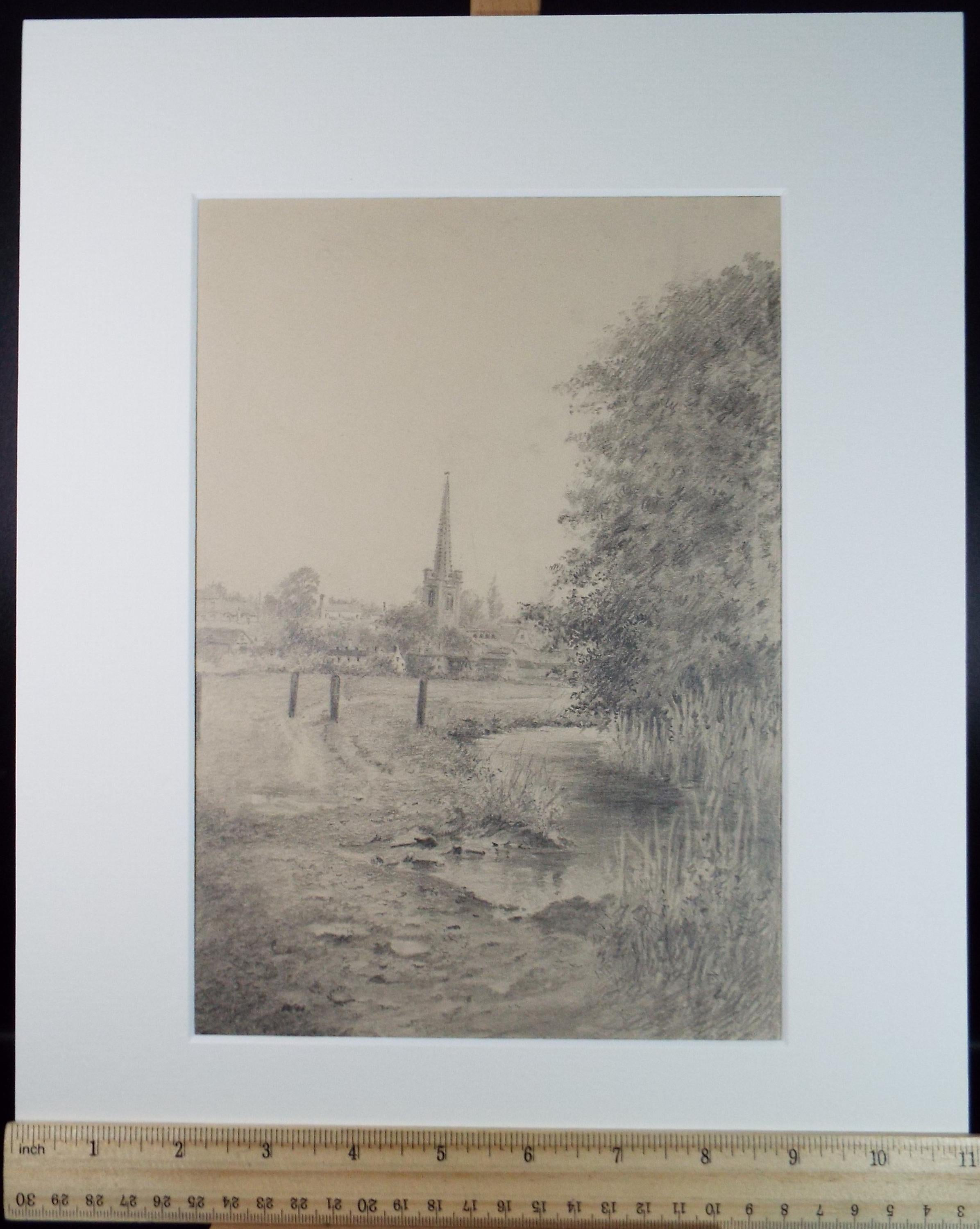 Original pencil drawing 'River with Town Beyond', Marion E Jones (1837-1903), Circa 1860's