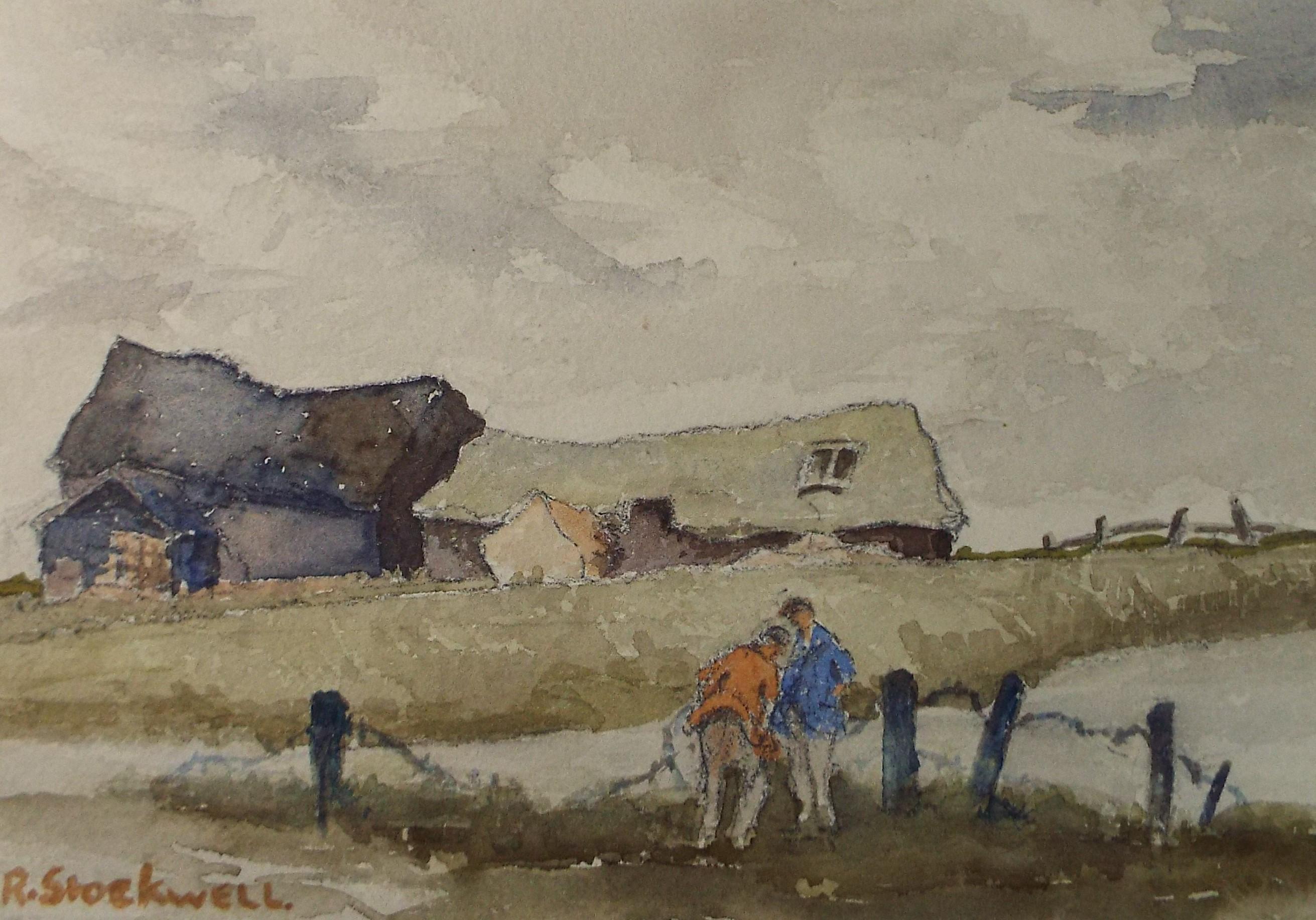 Original Watercolour, 'Barns with figures', R Stockwell, Circa 1950's