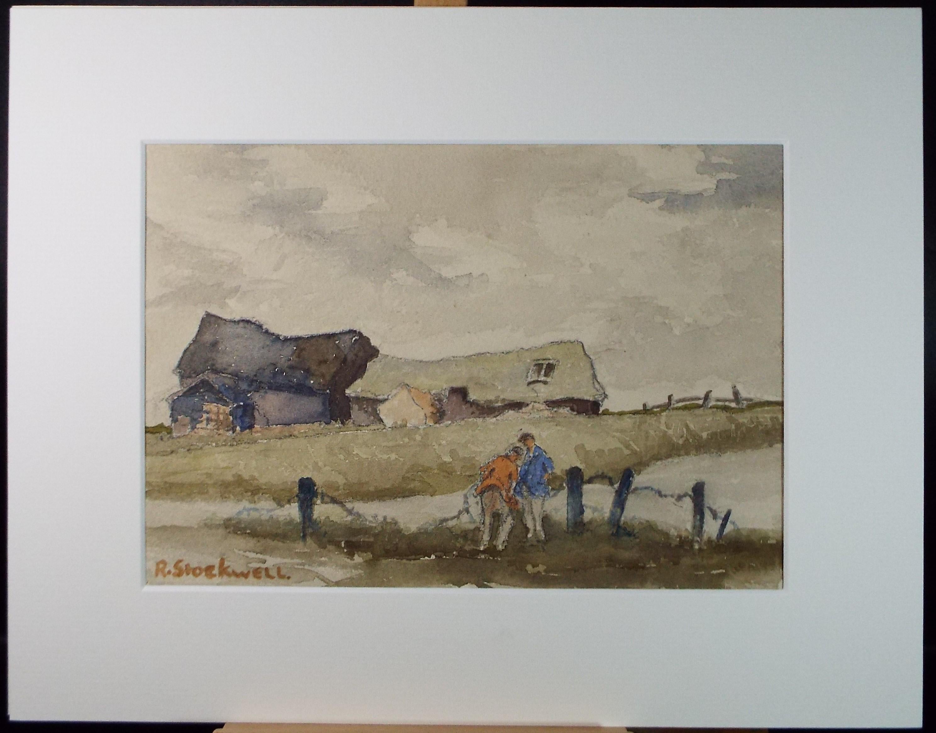 Original Watercolour, 'Barns with figures', R Stockwell, Circa 1950's