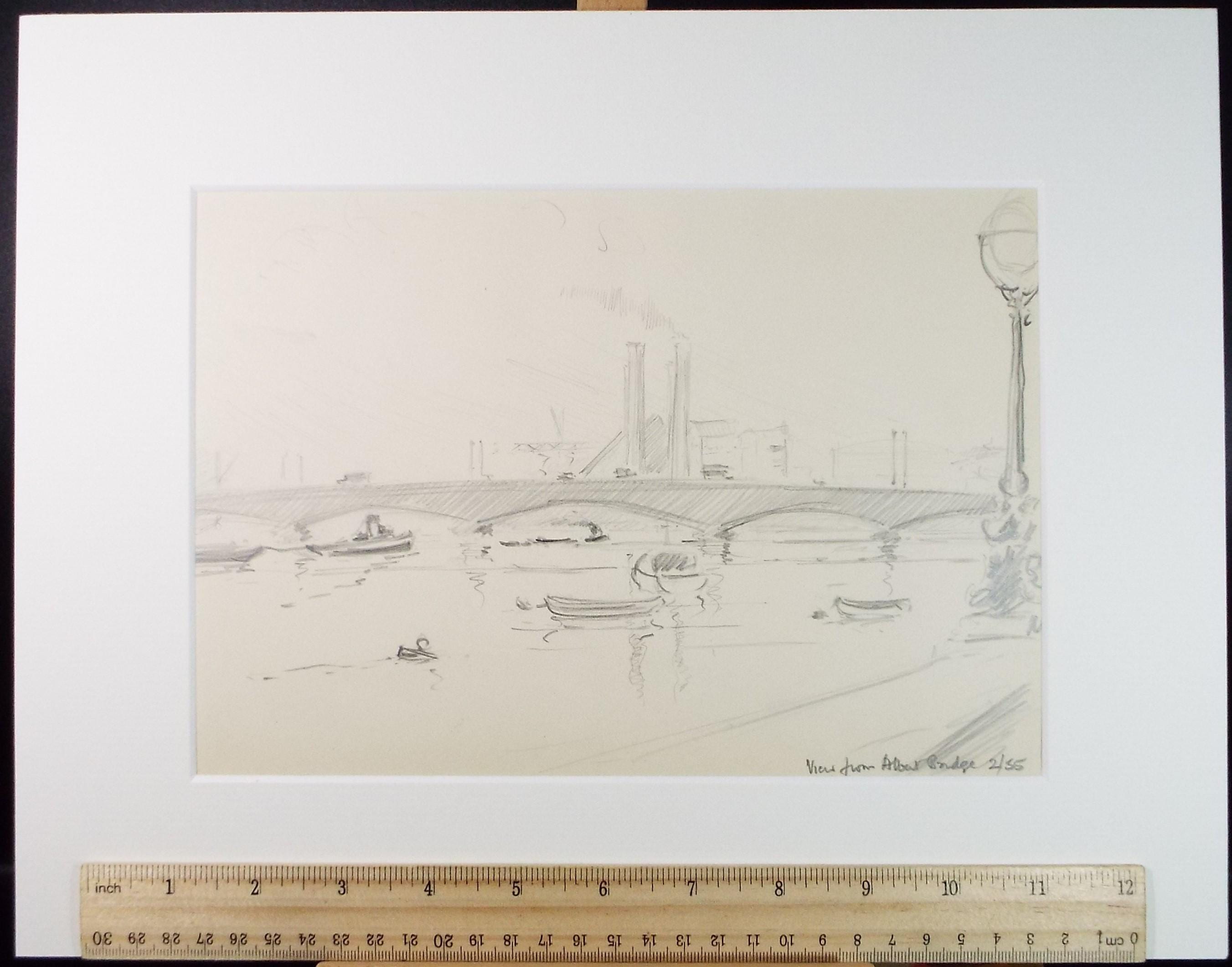 Original Pencil Drawing, 'View from Albert Bridge', Artist Unknown, Dated 1955