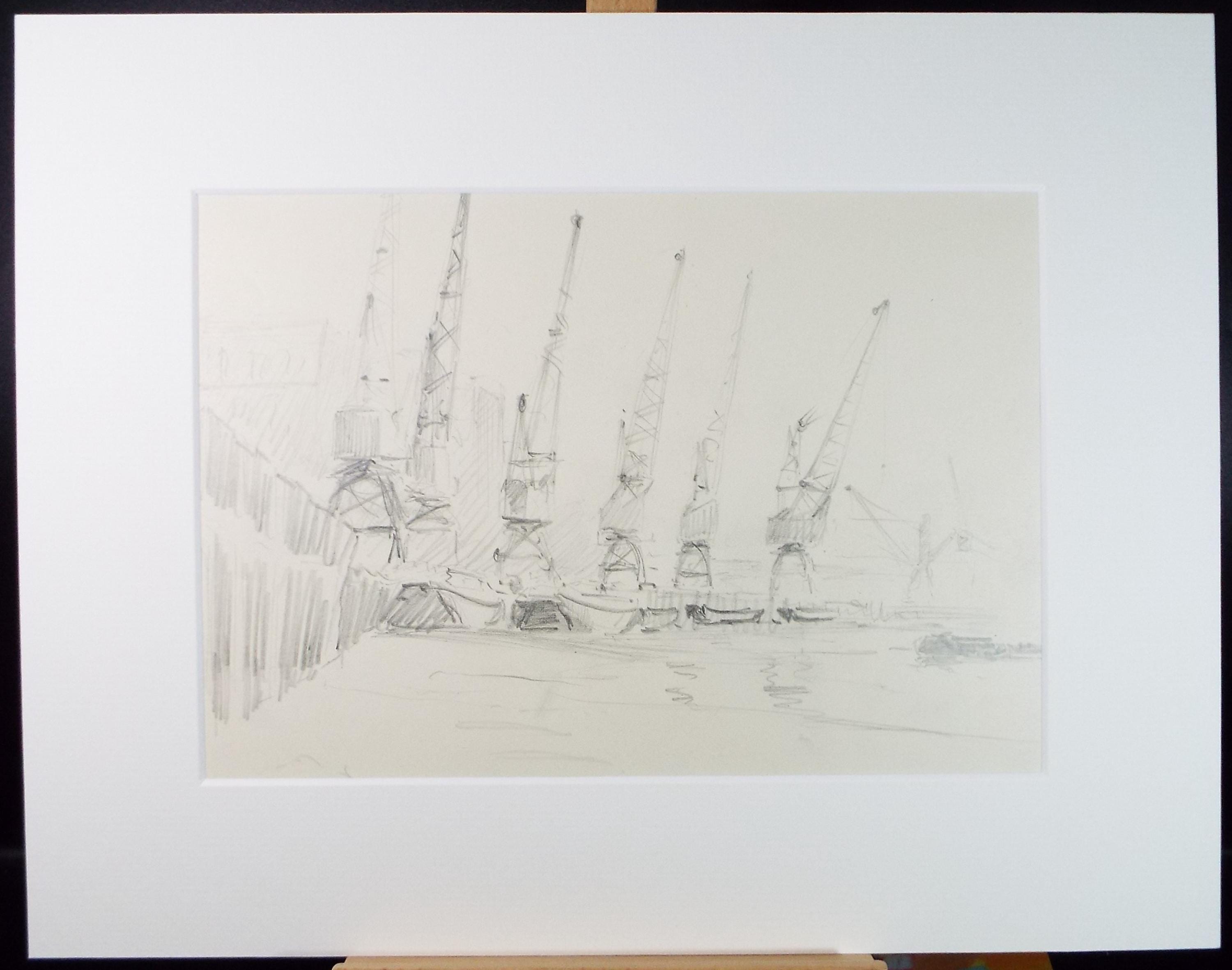 Original Pencil Drawing, 'Thames Cranes', Artist Unknown, Circa 1950's