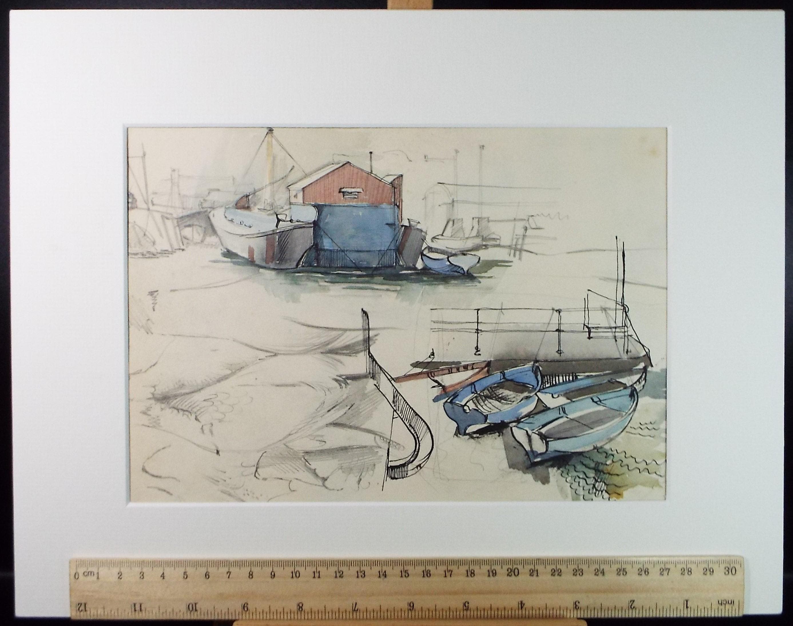 Original Watercolour 'The Boatyard', Artist Unknown, Circa 1950's