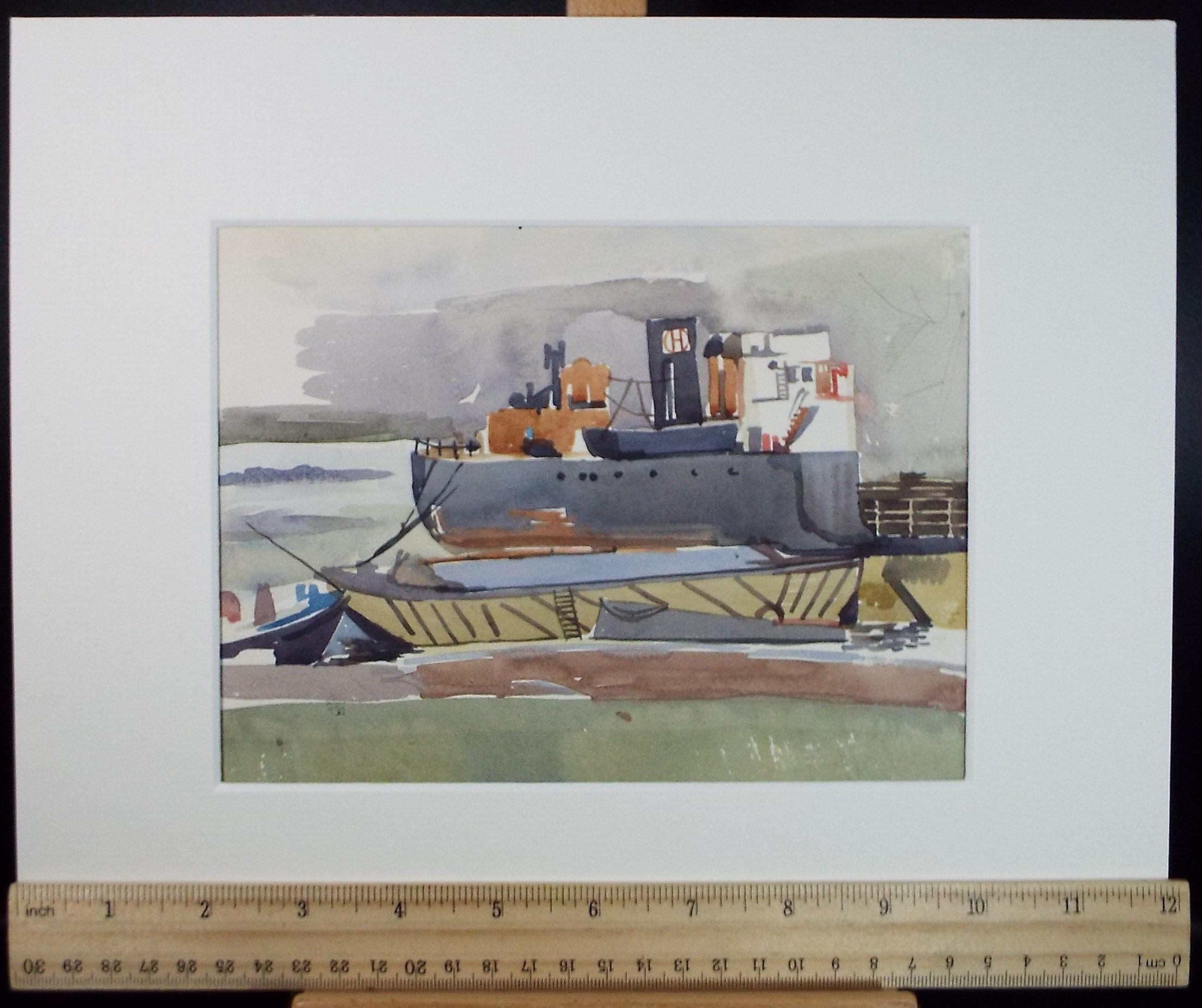 Original Watercolour, 'Moored Freighter', c1950's, Unknown Artist