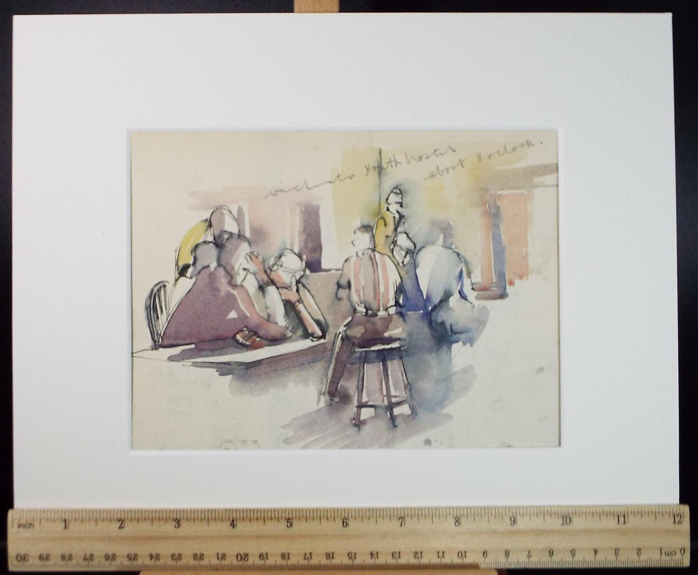 Original watercolour sketch, 'Winchester Youth Hostel - About 8 O'clock', Artist Unknown, circa 1950's