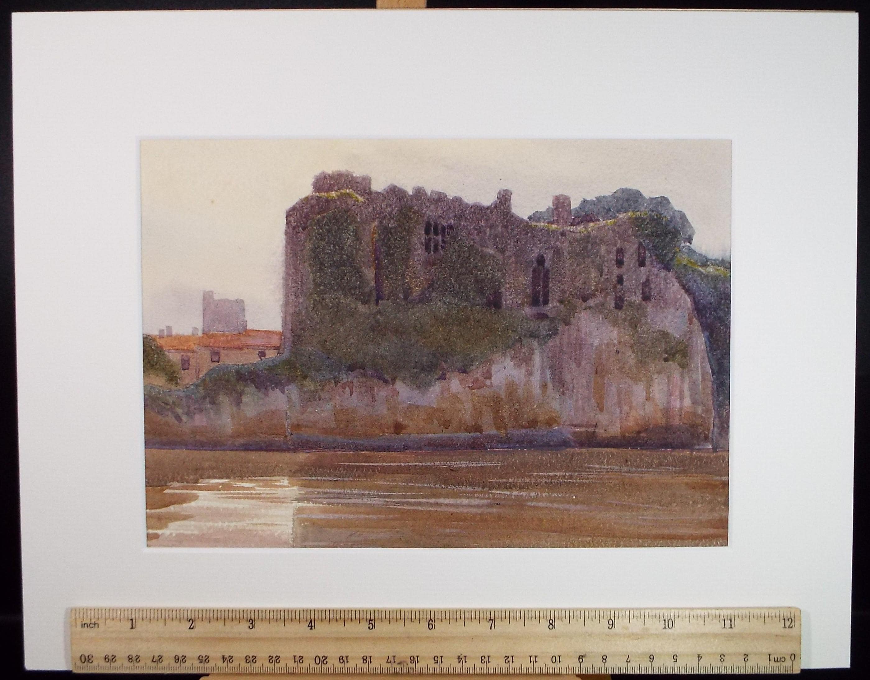 Original Watercolour, 'Ruined Castle on the River', Circa 1950's, Artist Unknown