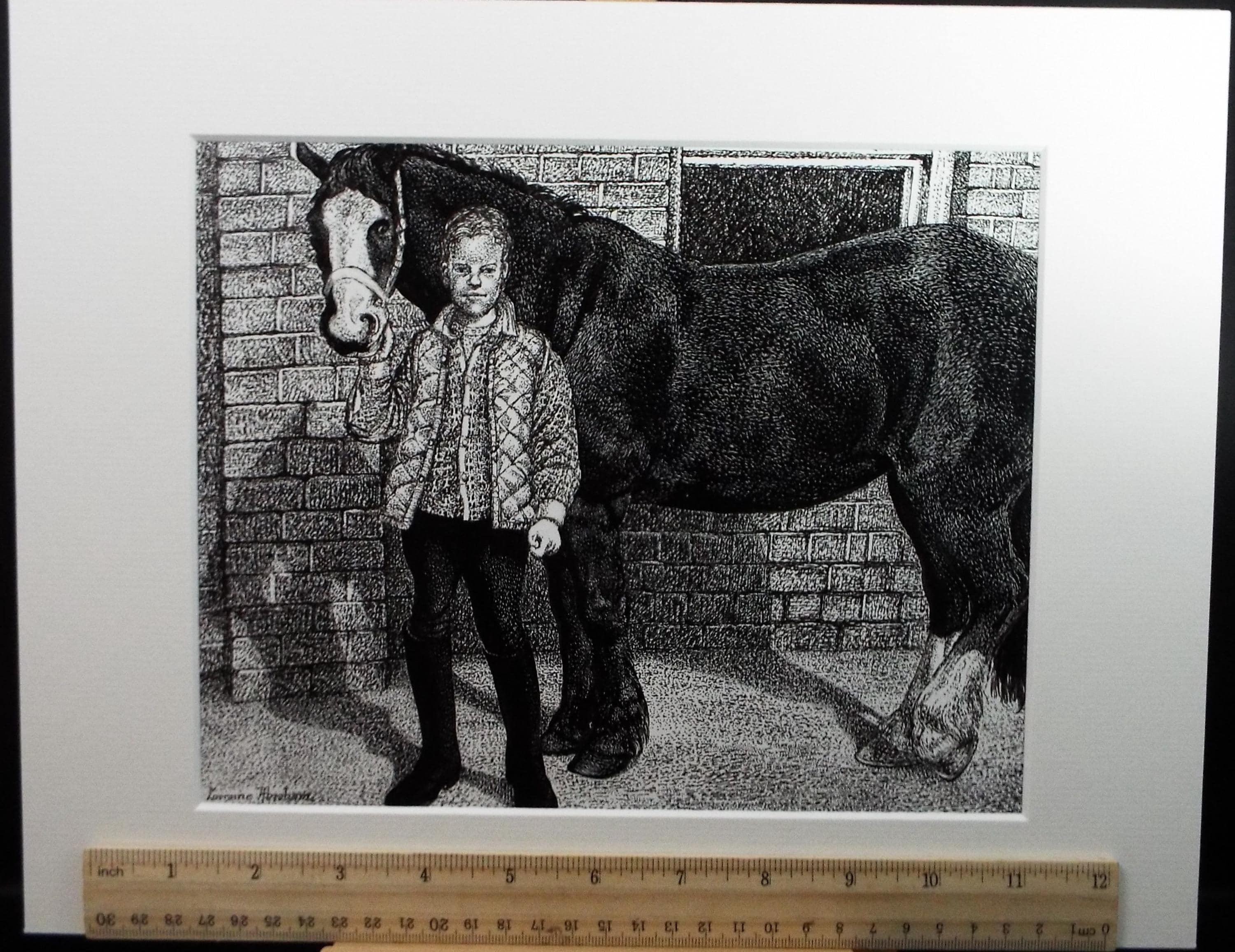 Original Scraperboard & ink drawing, 'Horse and Groom', Lorraine Abraham RSMA (1941-2023), Circa 1990's