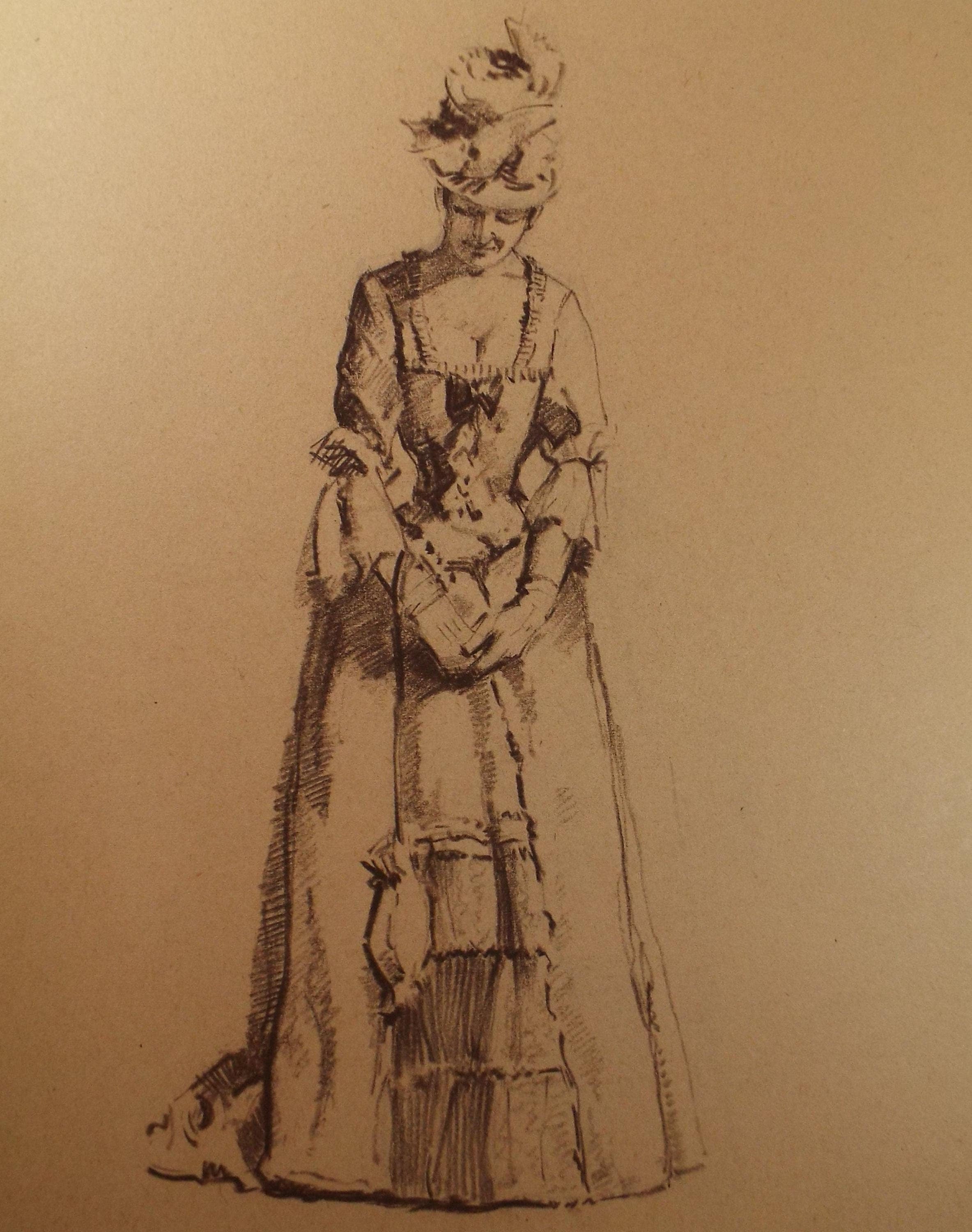 Original Pastel Drawing, 'Victorian Woman Study', Artist Unknown, Circa 1950's