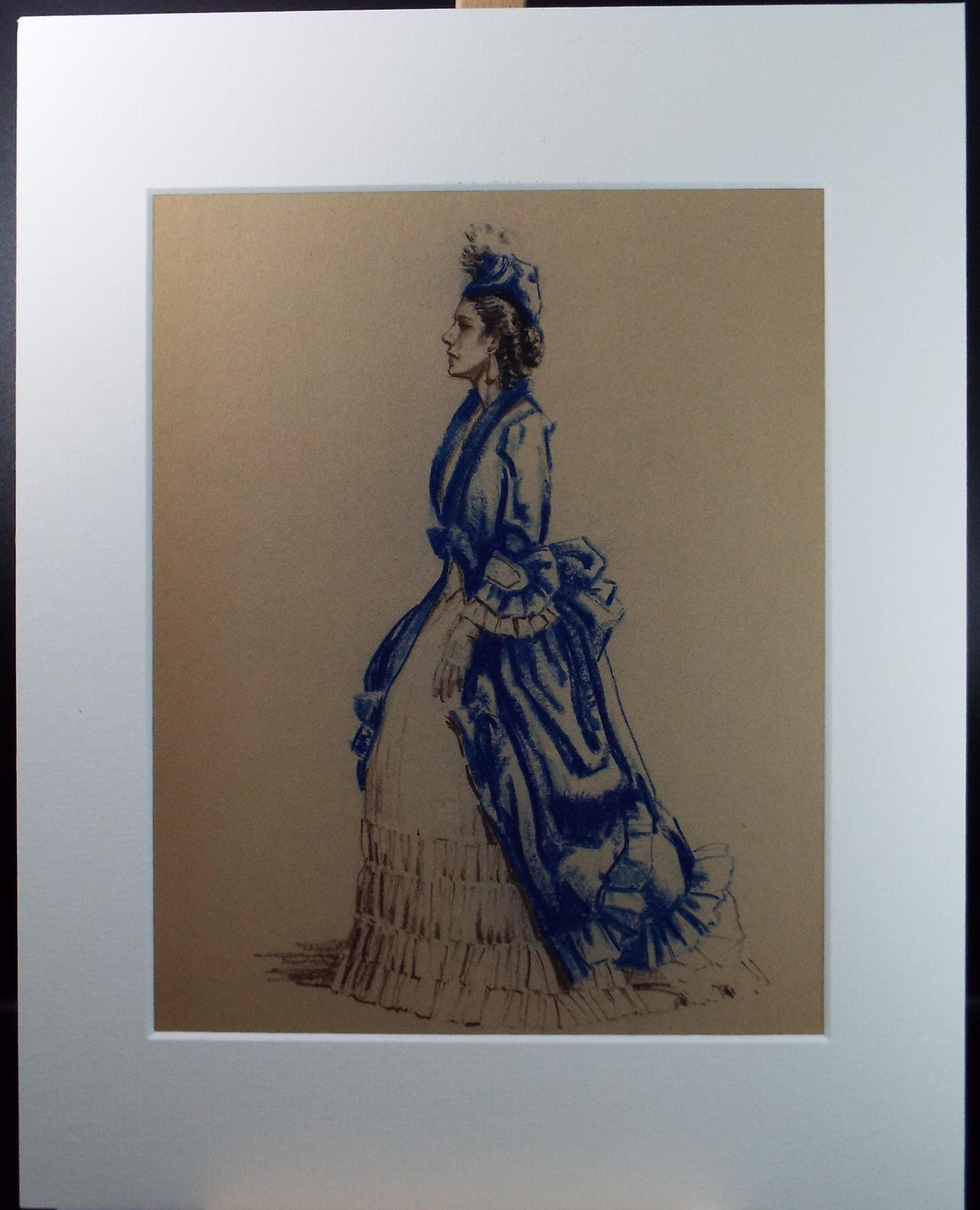 Original Pastel Drawing, 'Victorian Woman Study', Artist Unknown, Circa 1950's