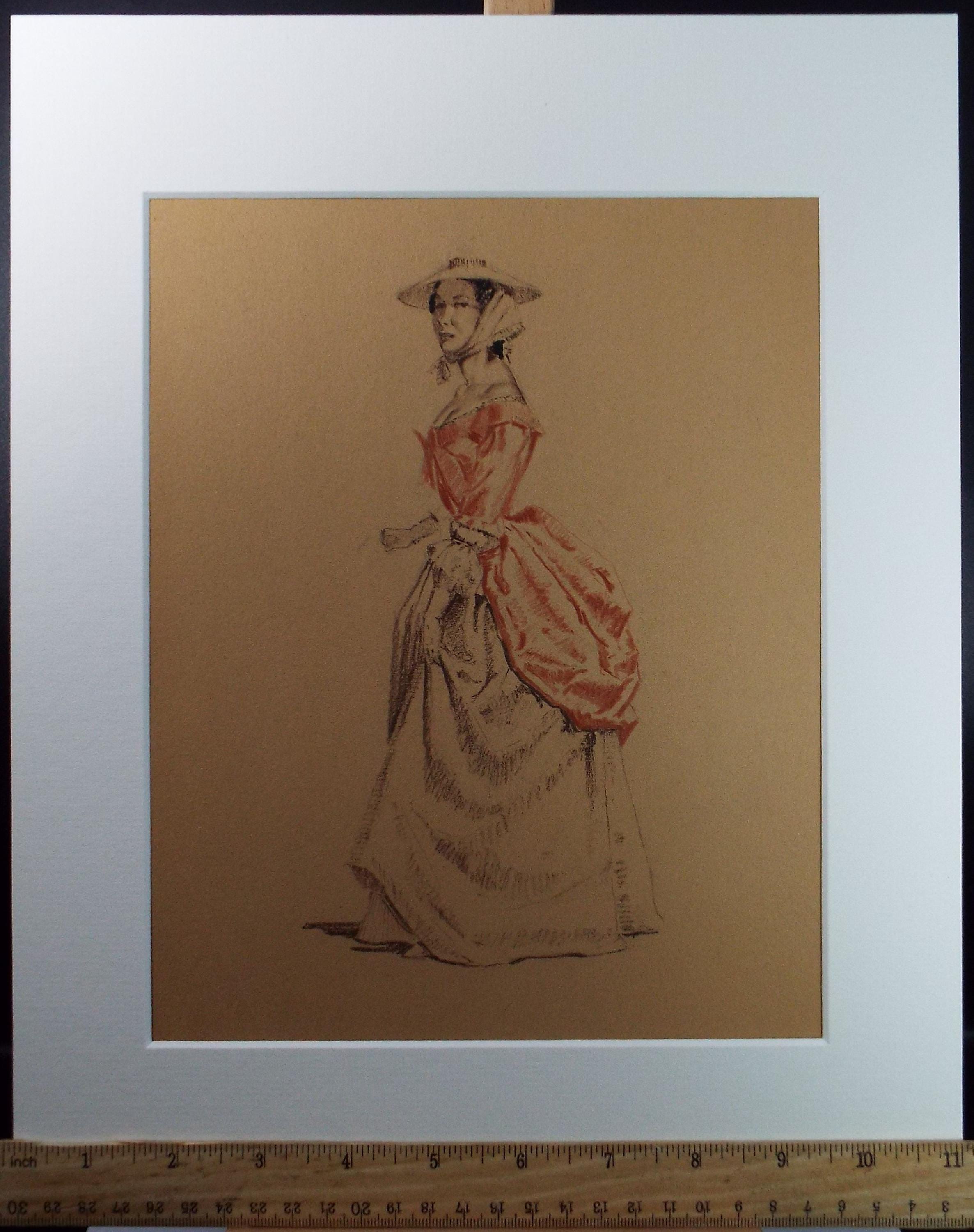 Original Pastel Drawing, 'Victorian Woman Study', Artist Unknown, Circa 1950's