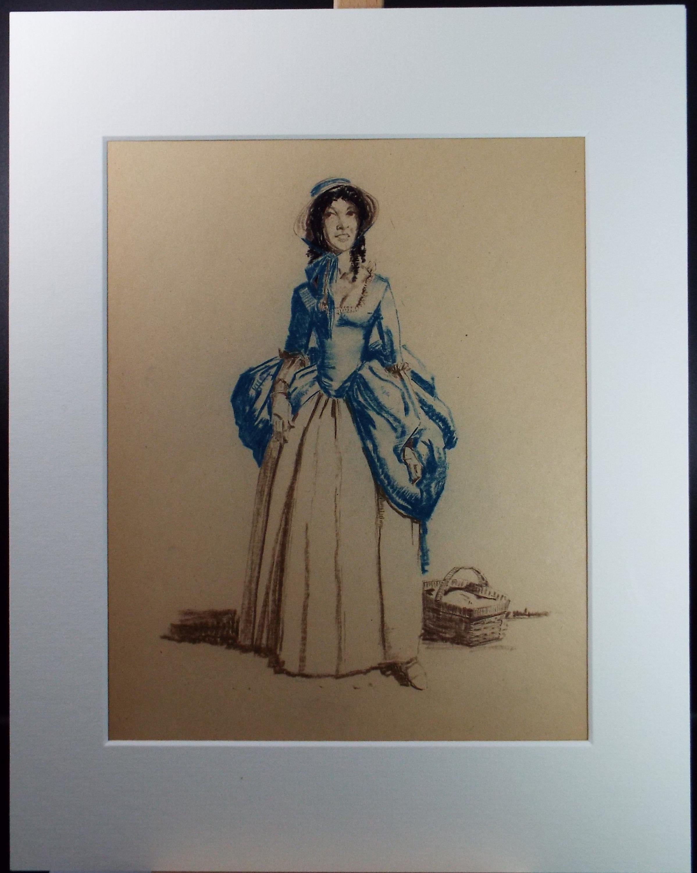 Original Pastel Drawing, 'Victorian Woman Study', Artist Unknown, Circa 1950's
