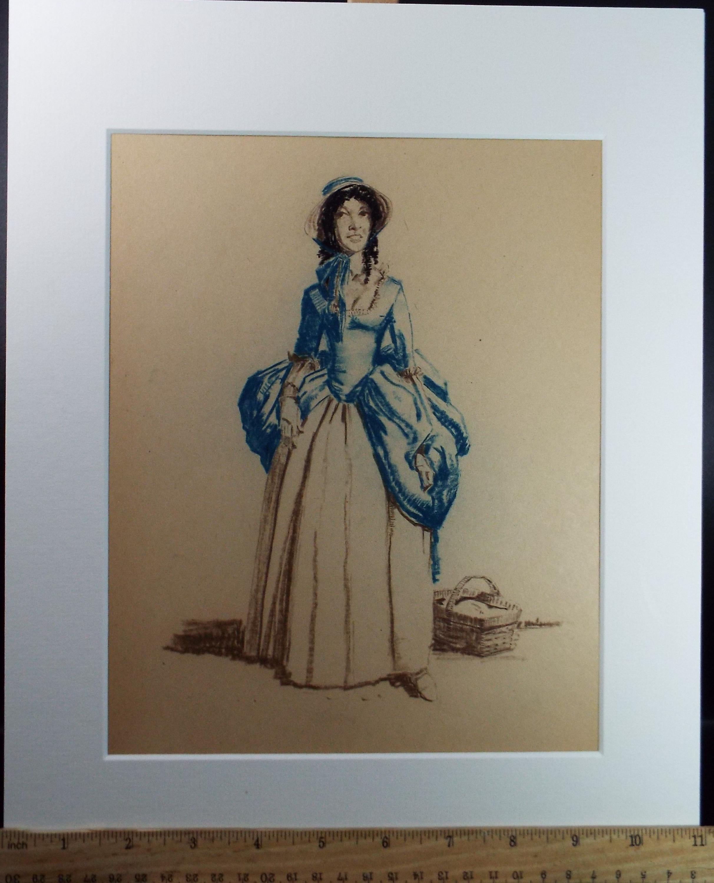 Original Pastel Drawing, 'Victorian Woman Study', Artist Unknown, Circa 1950's