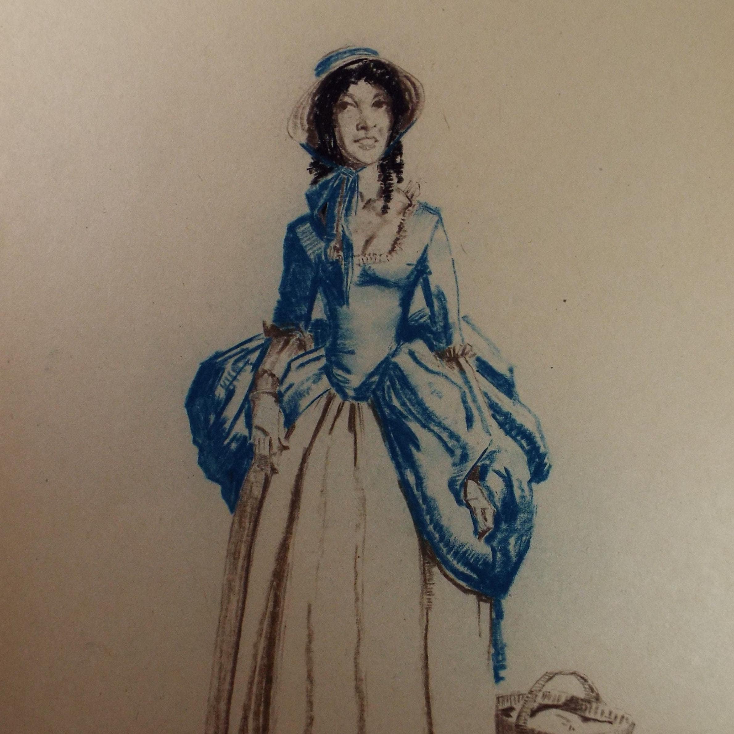 Original Pastel Drawing, 'Victorian Woman Study', Artist Unknown, Circa 1950's