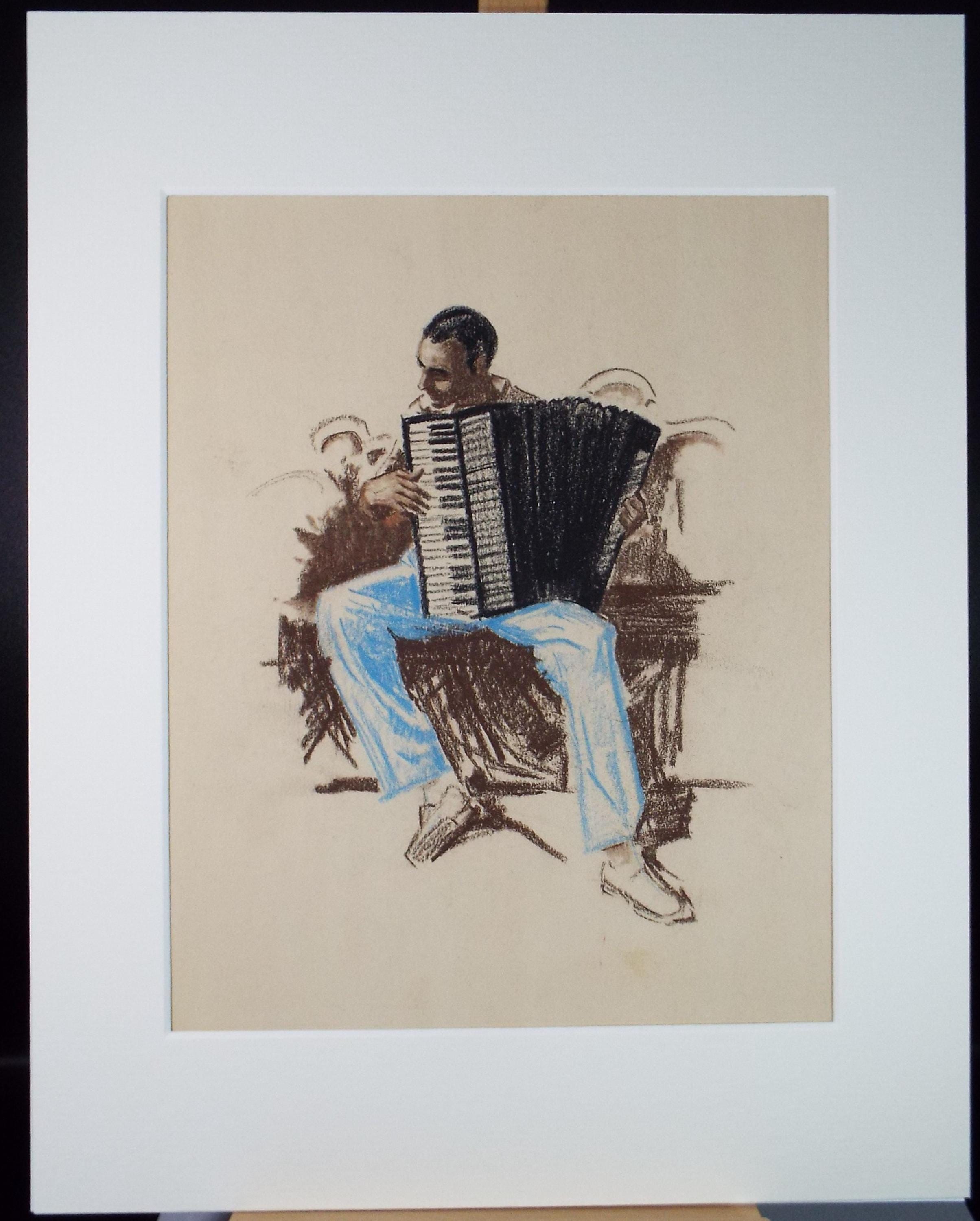 Original Pastel Drawing, 'Accordion Player', Artist Unknown, Circa 1950's