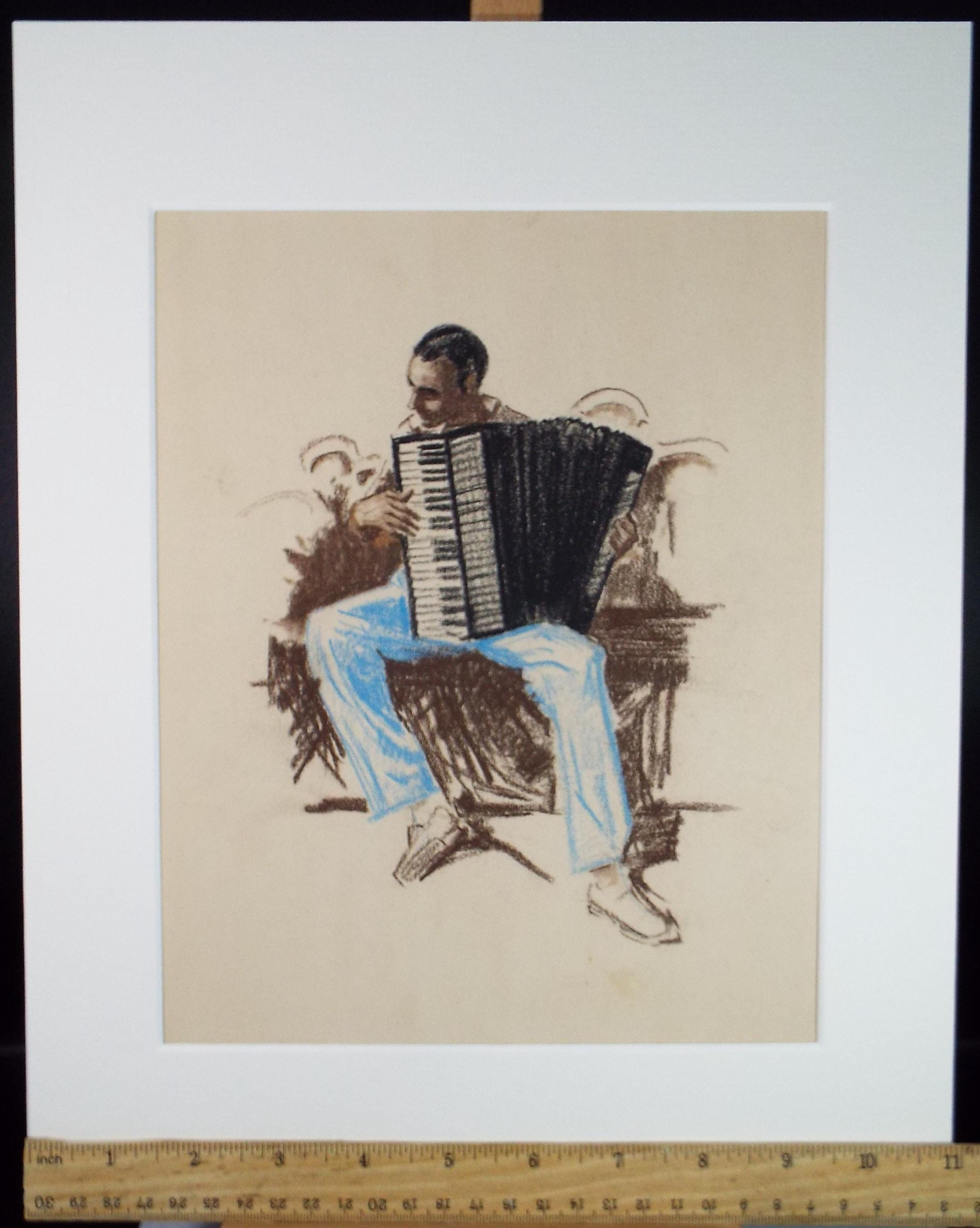 Original Pastel Drawing, 'Accordion Player', Artist Unknown, Circa 1950's