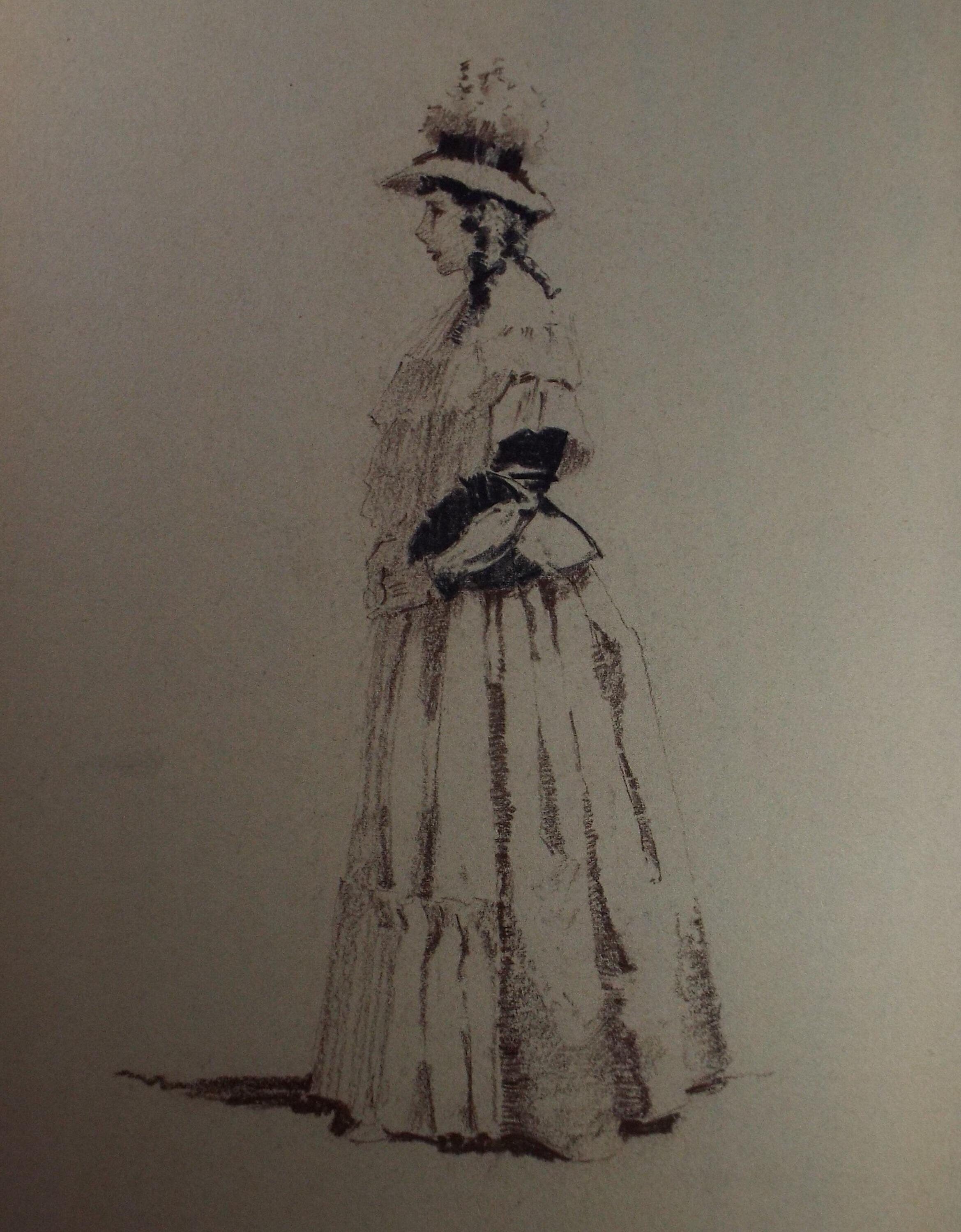 Original Pastel Drawing, 'Victorian Woman Study', Artist Unknown, Circa 1950's