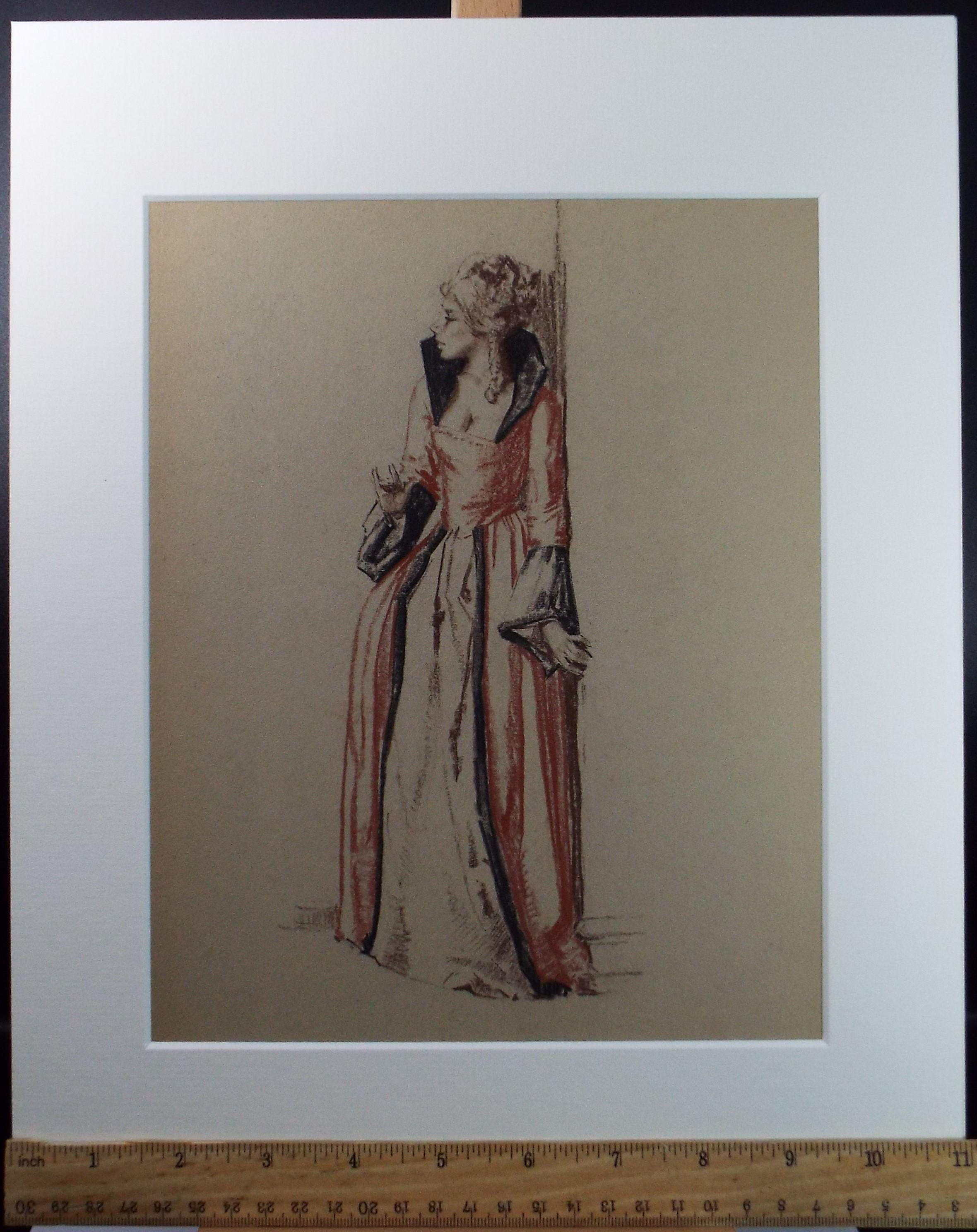 Original Pastel Drawing, 'Victorian Woman Study', Artist Unknown, Circa 1950's