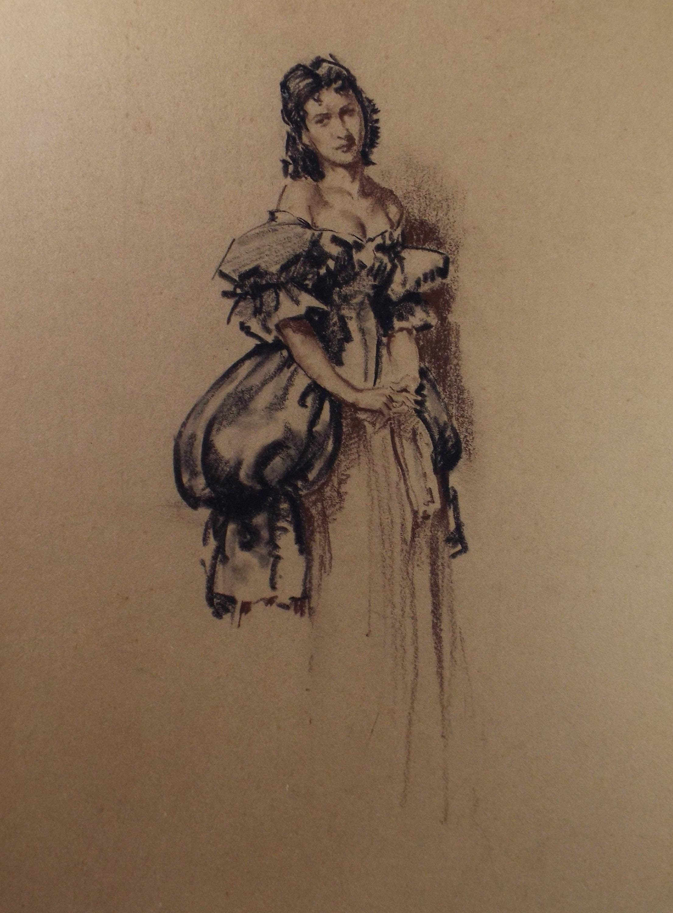 Original Pastel Drawing, 'Victorian Woman Study', Artist Unknown, Circa 1950's