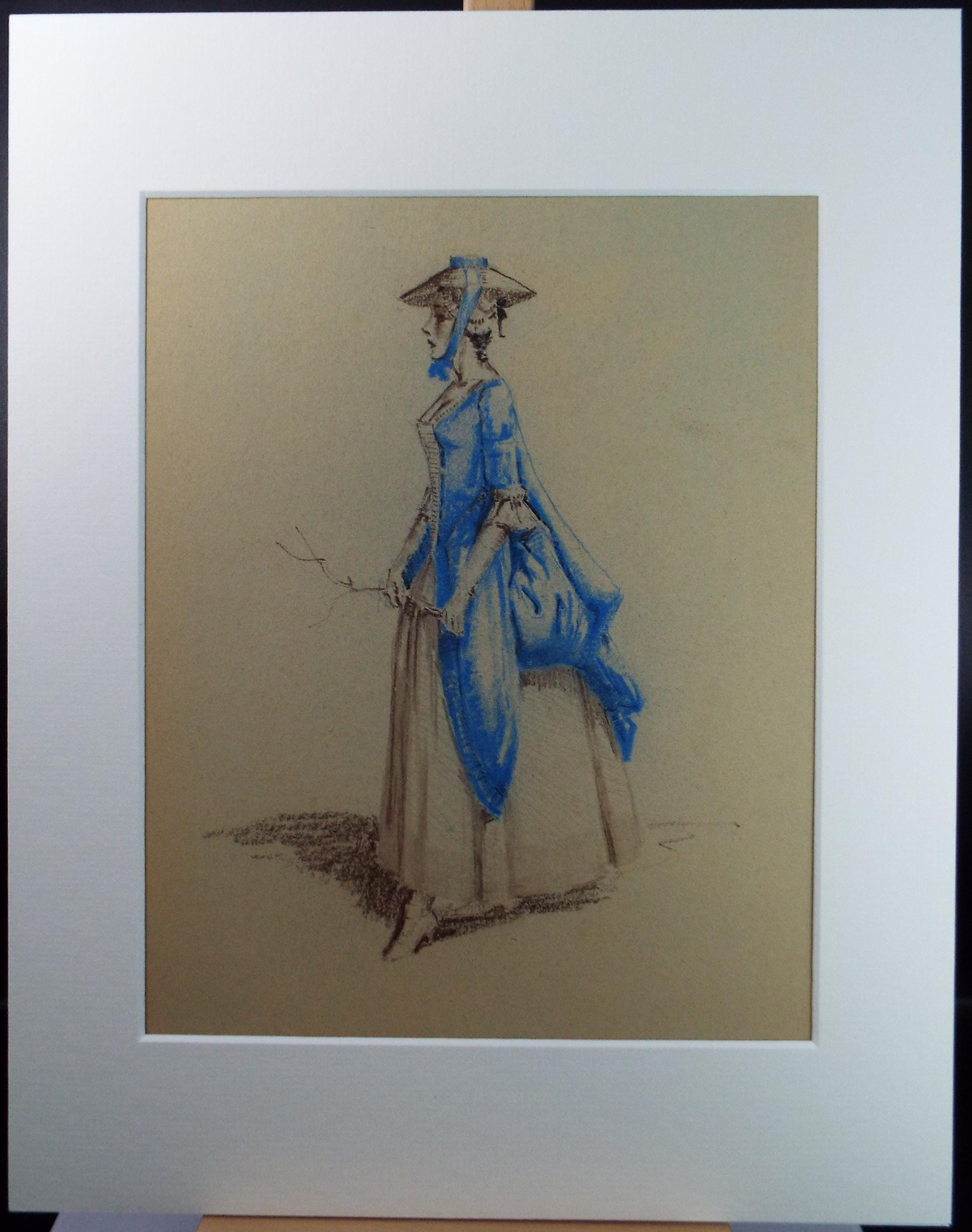 Original Pastel Drawing, 'Victorian Woman Study', Artist Unknown, Circa 1950's
