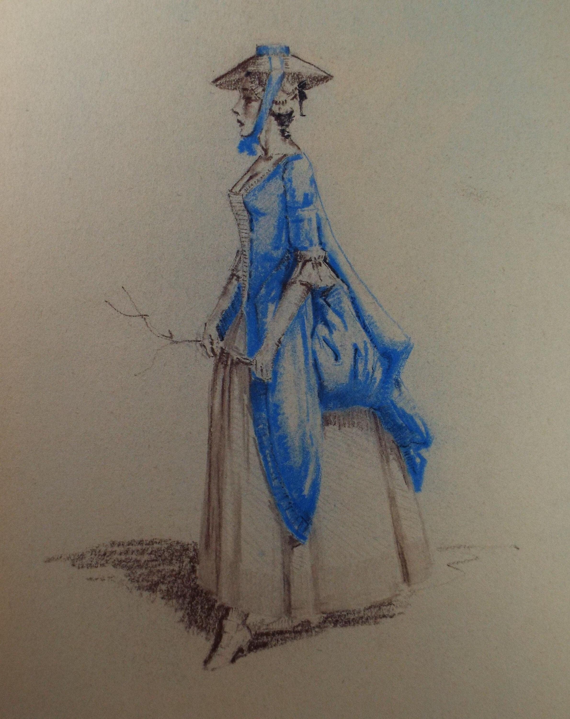 Original Pastel Drawing, 'Victorian Woman Study', Artist Unknown, Circa 1950's