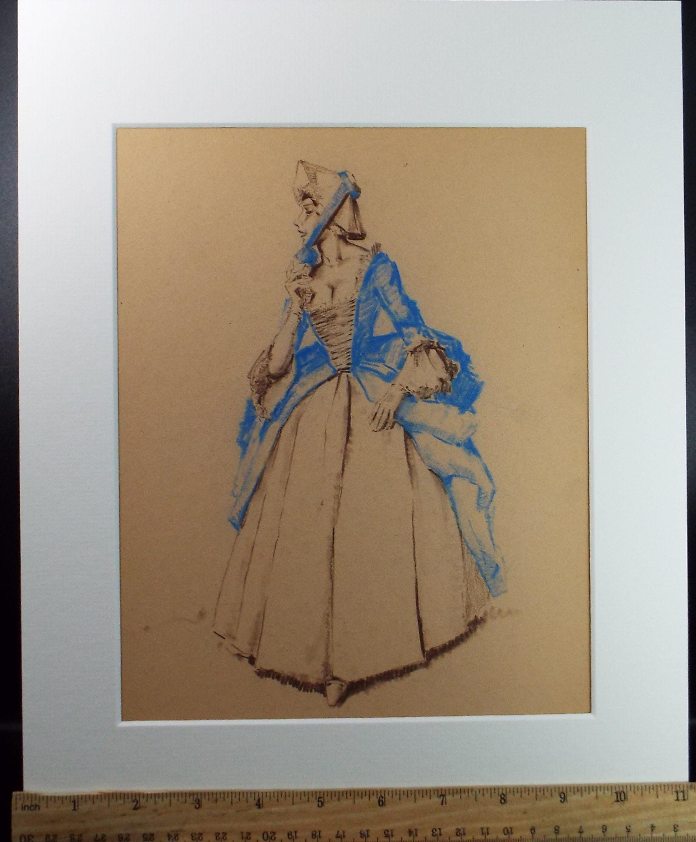 Original Pastel Drawing, 'Victorian Woman Study', Artist Unknown, Circa 1950's