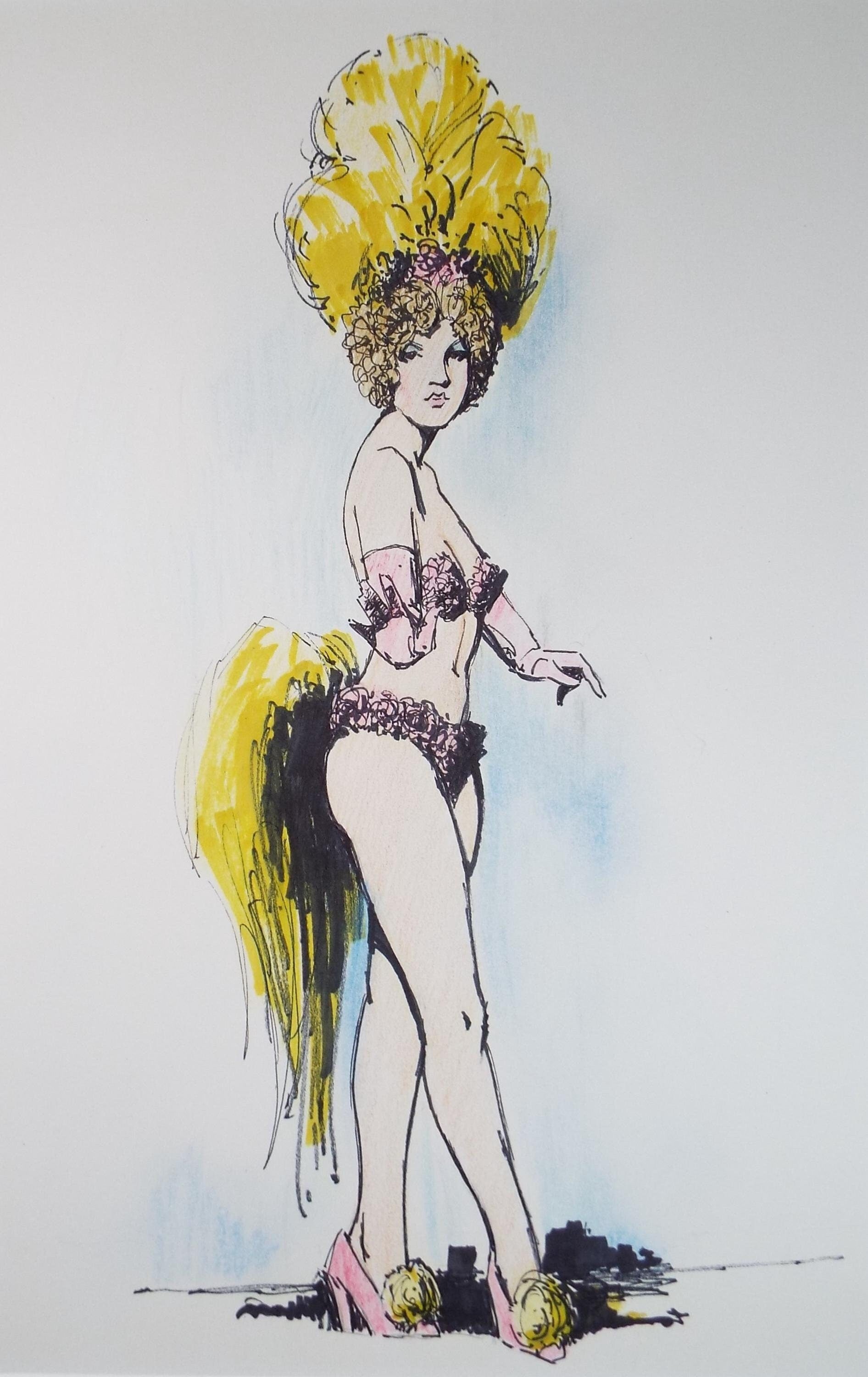 Felt Pen & Pencil, 'Showgirl in Yellow', Circa 1980's, Unknown artist