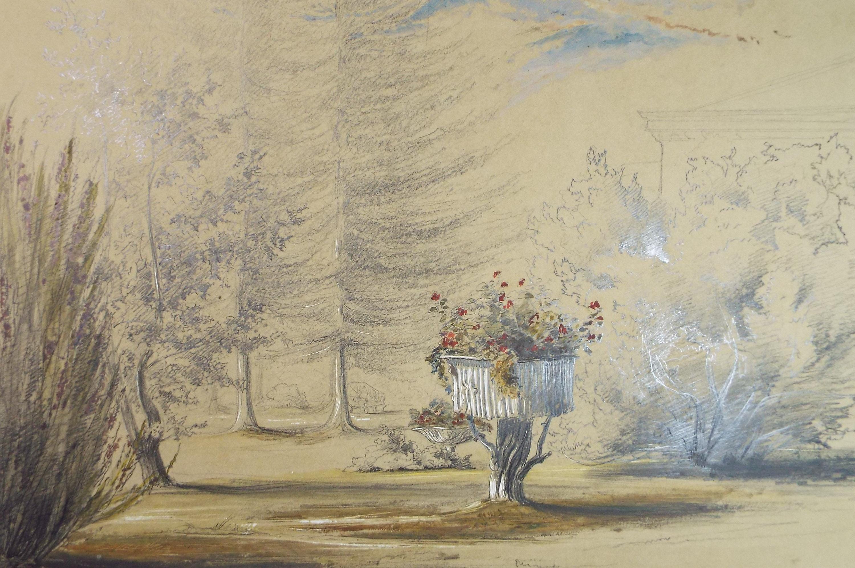 Original Watercolour & Pencil, 'Garden Landscape', Dated 1852, Unknown artist.