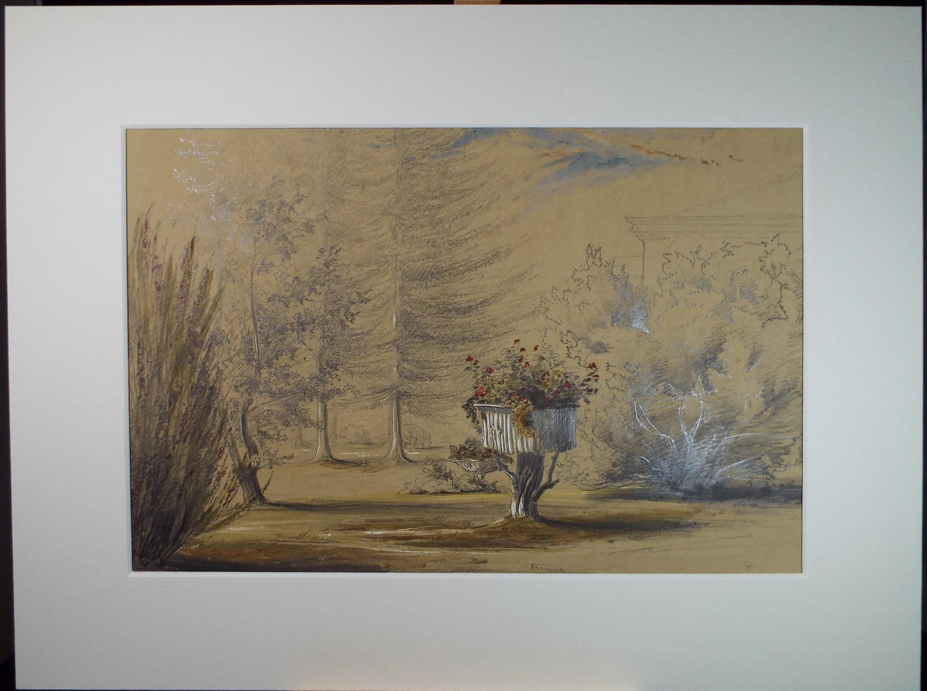 Original Watercolour & Pencil, 'Garden Landscape', Dated 1852, Unknown artist.