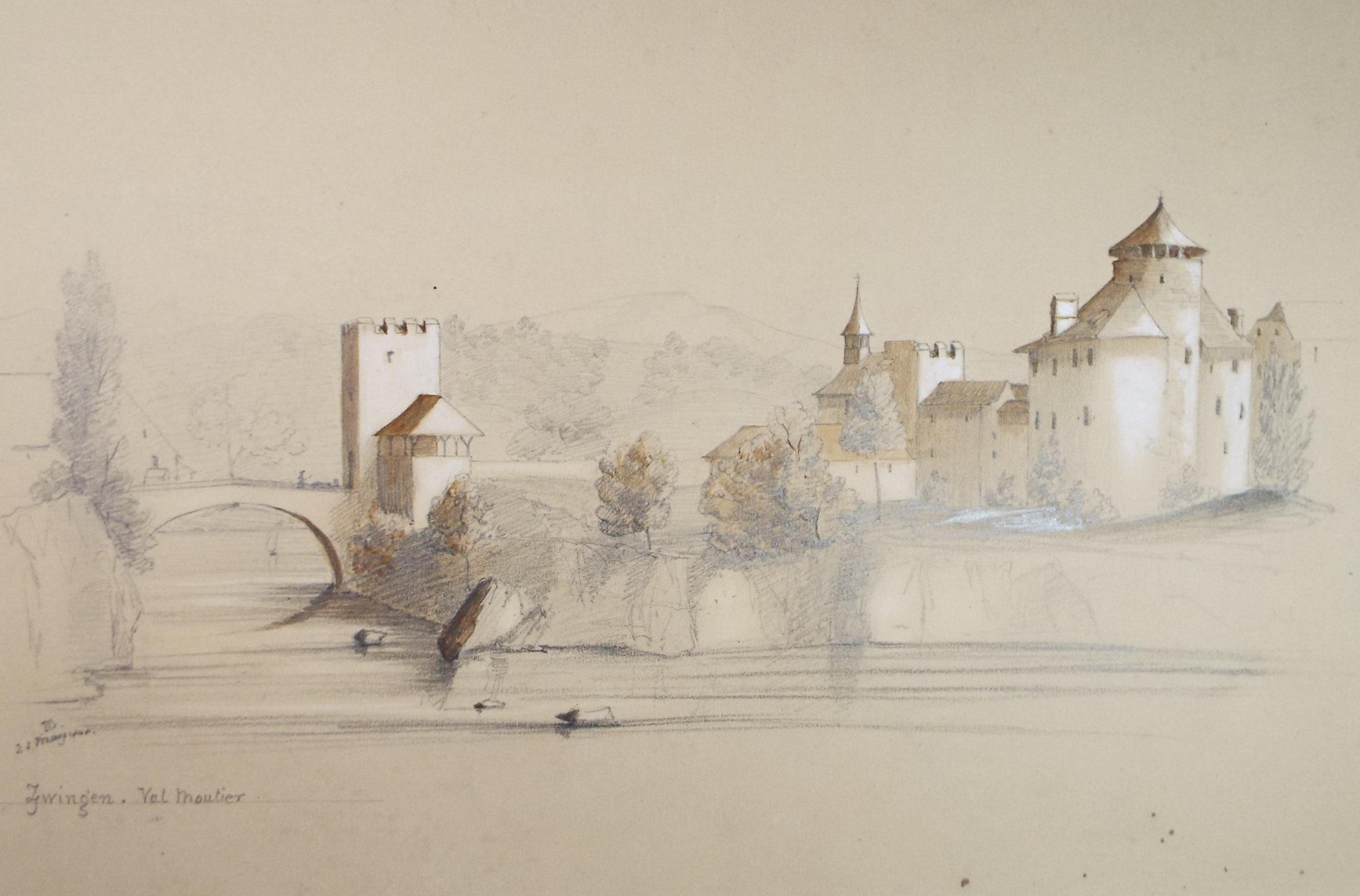 Original Pencil Drawing with white, 'Val Moutier', Dated 1848, Unknown artist