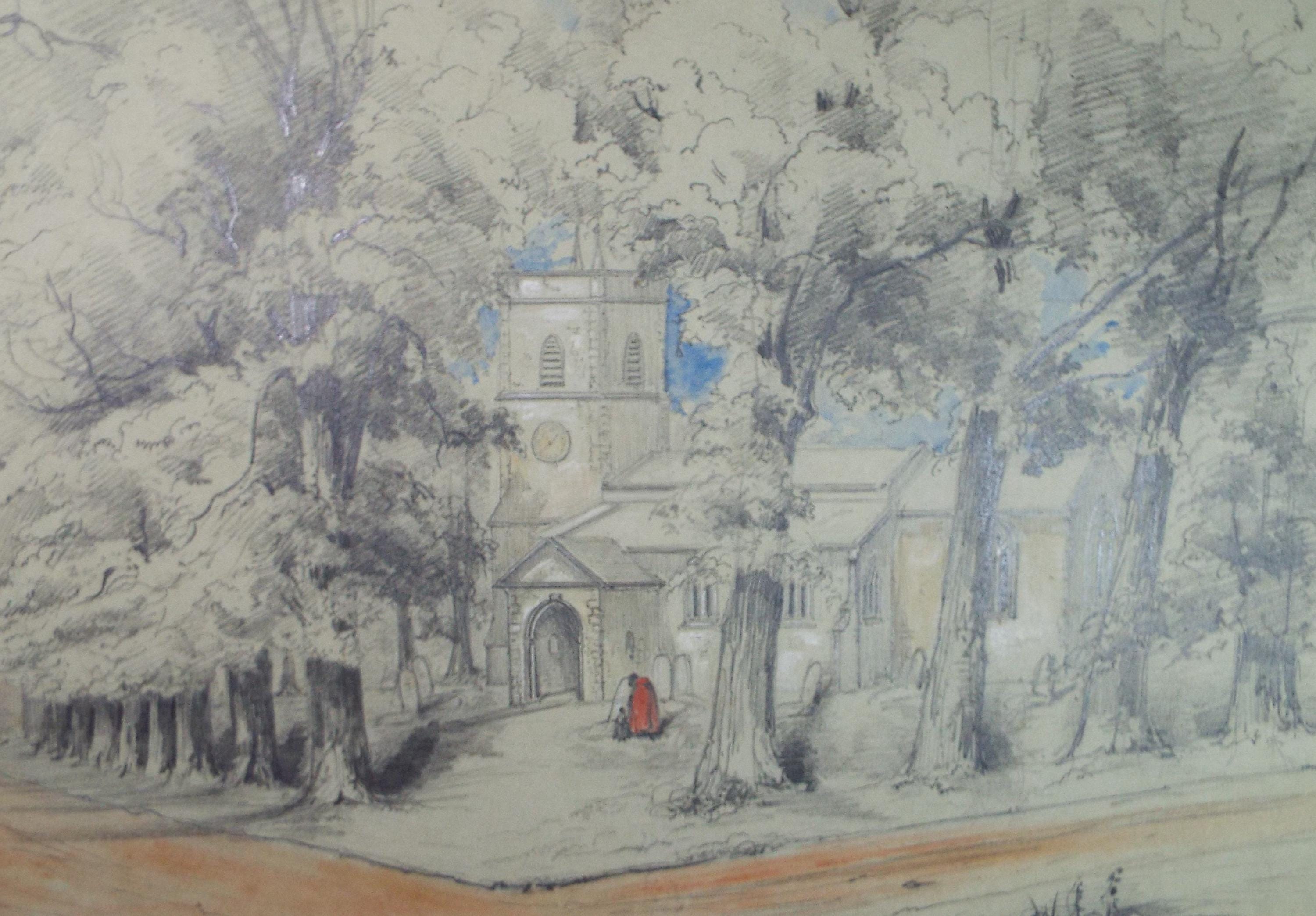 Original Watercolour & Pencil, 'Figures before a Church', Dated 1852, Unknown artist.