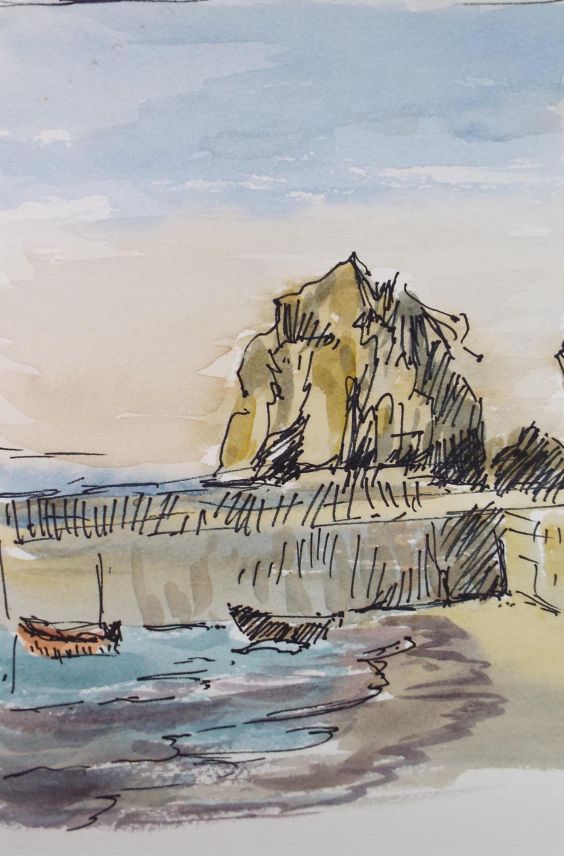 Original Watercolour, 'Beach with Moored Boats', Gwen Rayner, c1970's