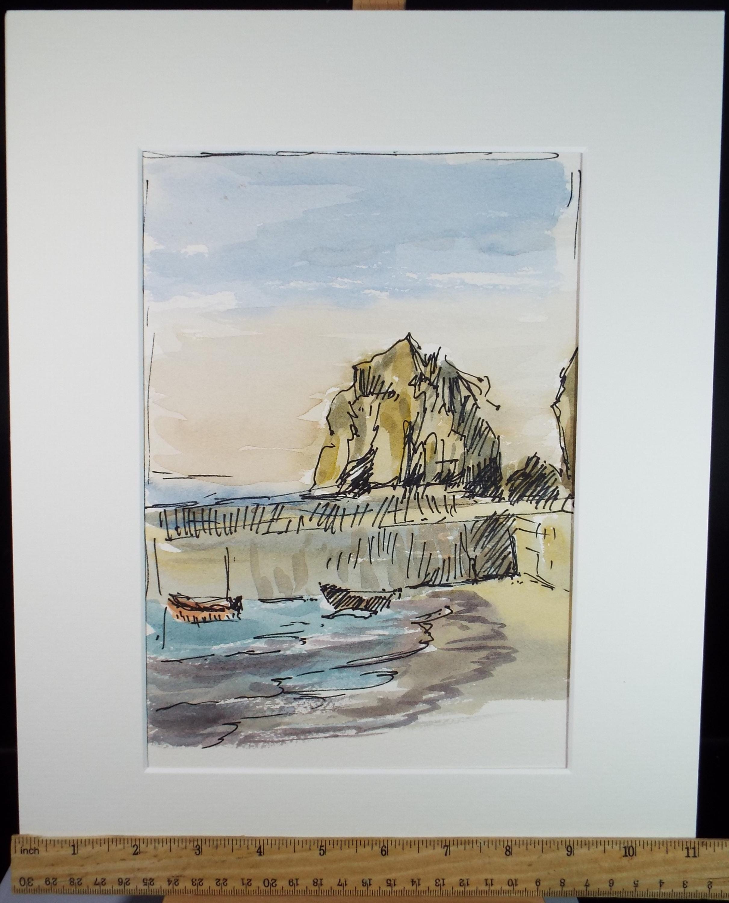 Original Watercolour, 'Beach with Moored Boats', Gwen Rayner, c1970's