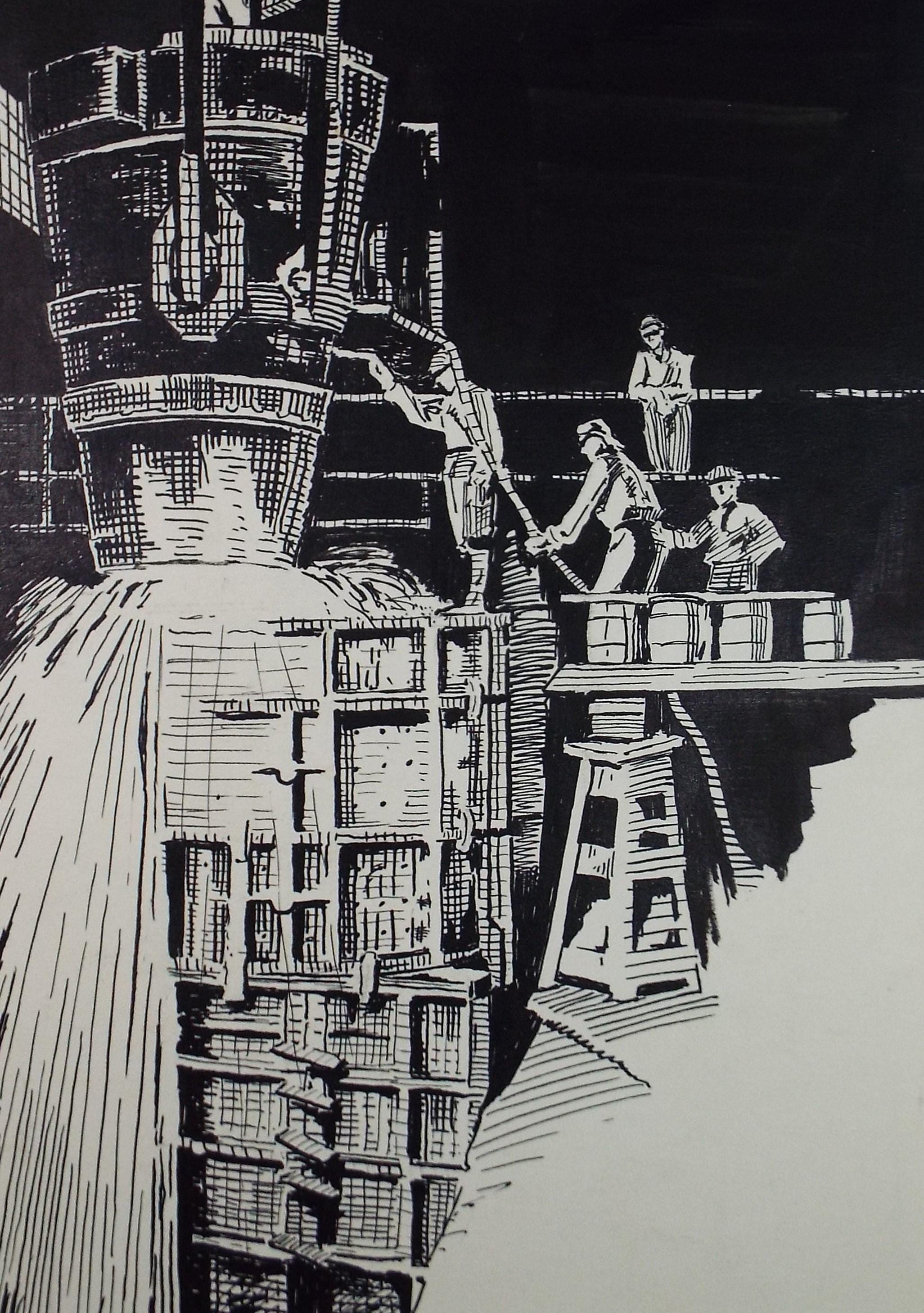 Original Pen & Ink,'At the Steelworks', unknown Artist, circa 1950's