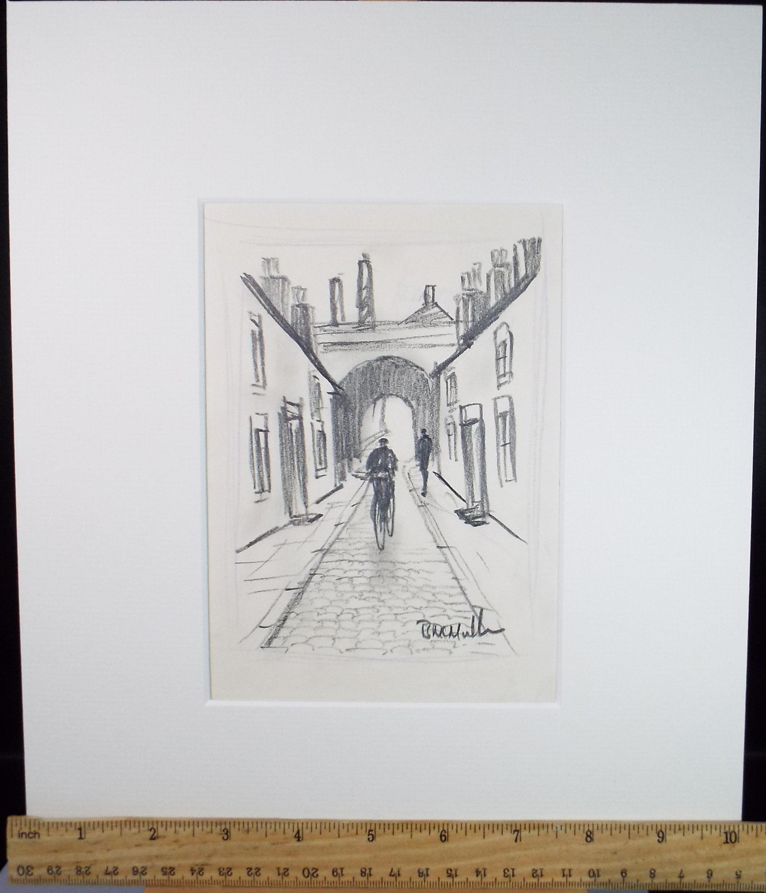 Pencil Drawing, 'Terraced Housing with Figures', Bernard McMullen (1952-2015)