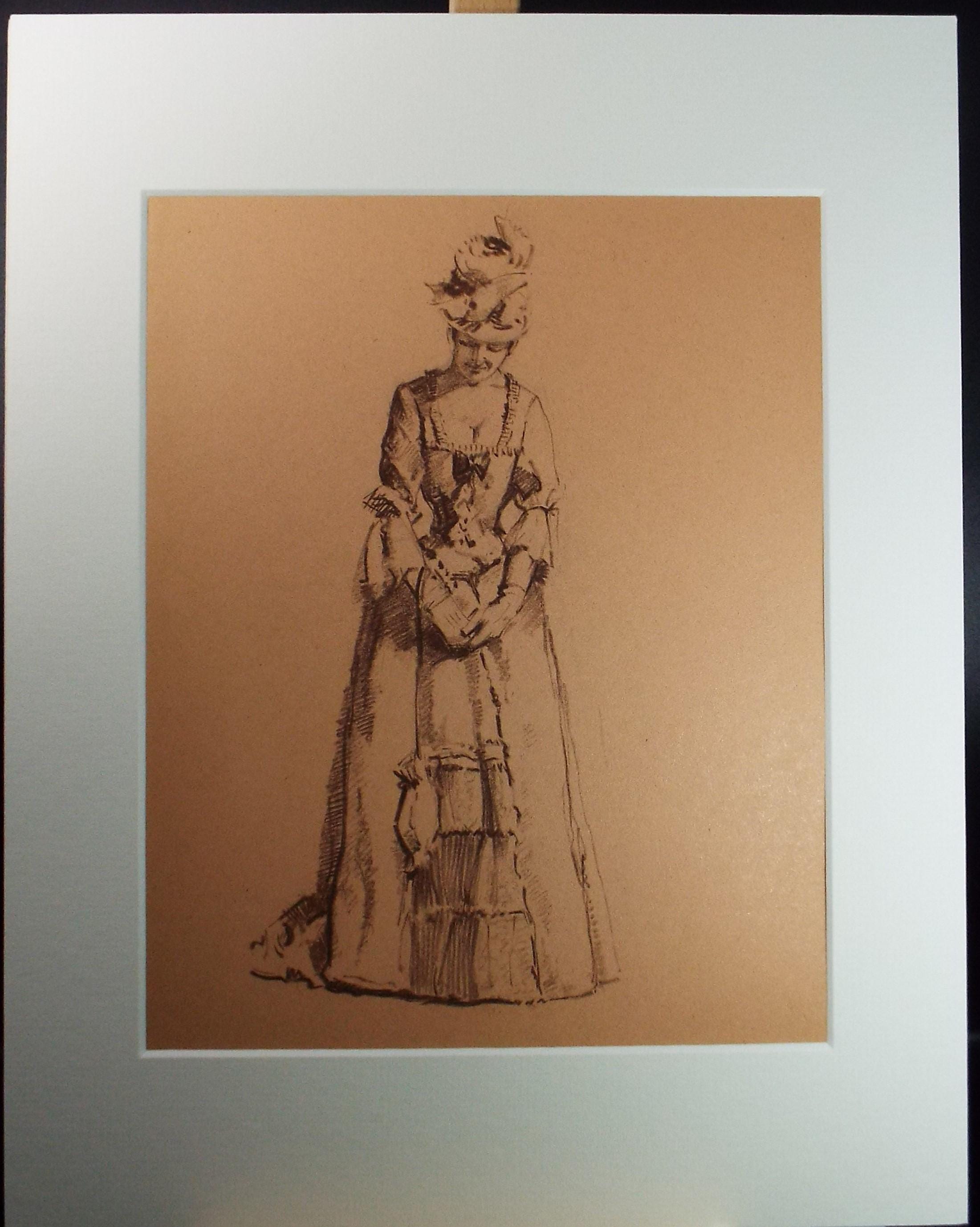 Original Pastel Drawing, 'Victorian Woman Study', Artist Unknown, Circa 1950's