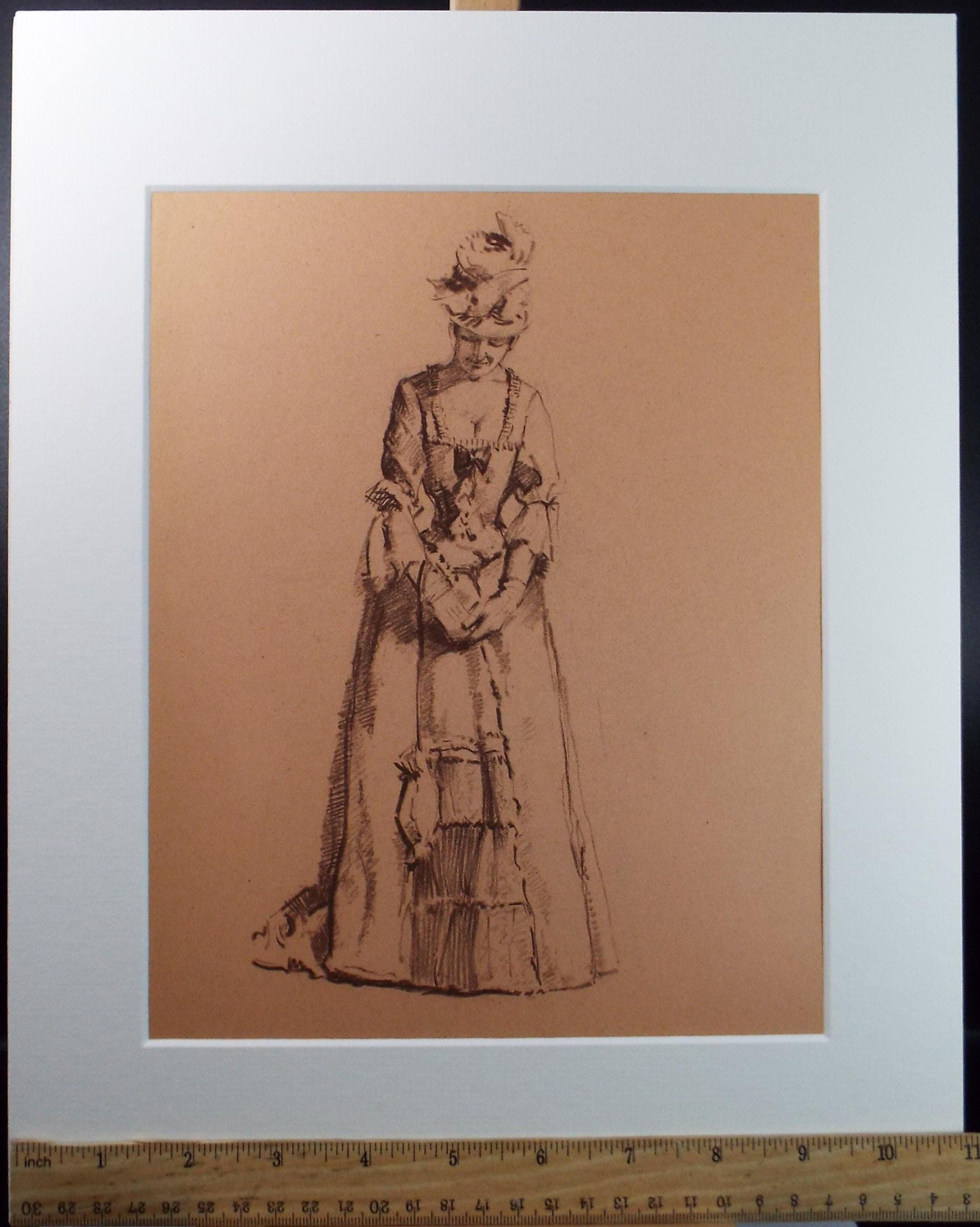 Original Pastel Drawing, 'Victorian Woman Study', Artist Unknown, Circa 1950's