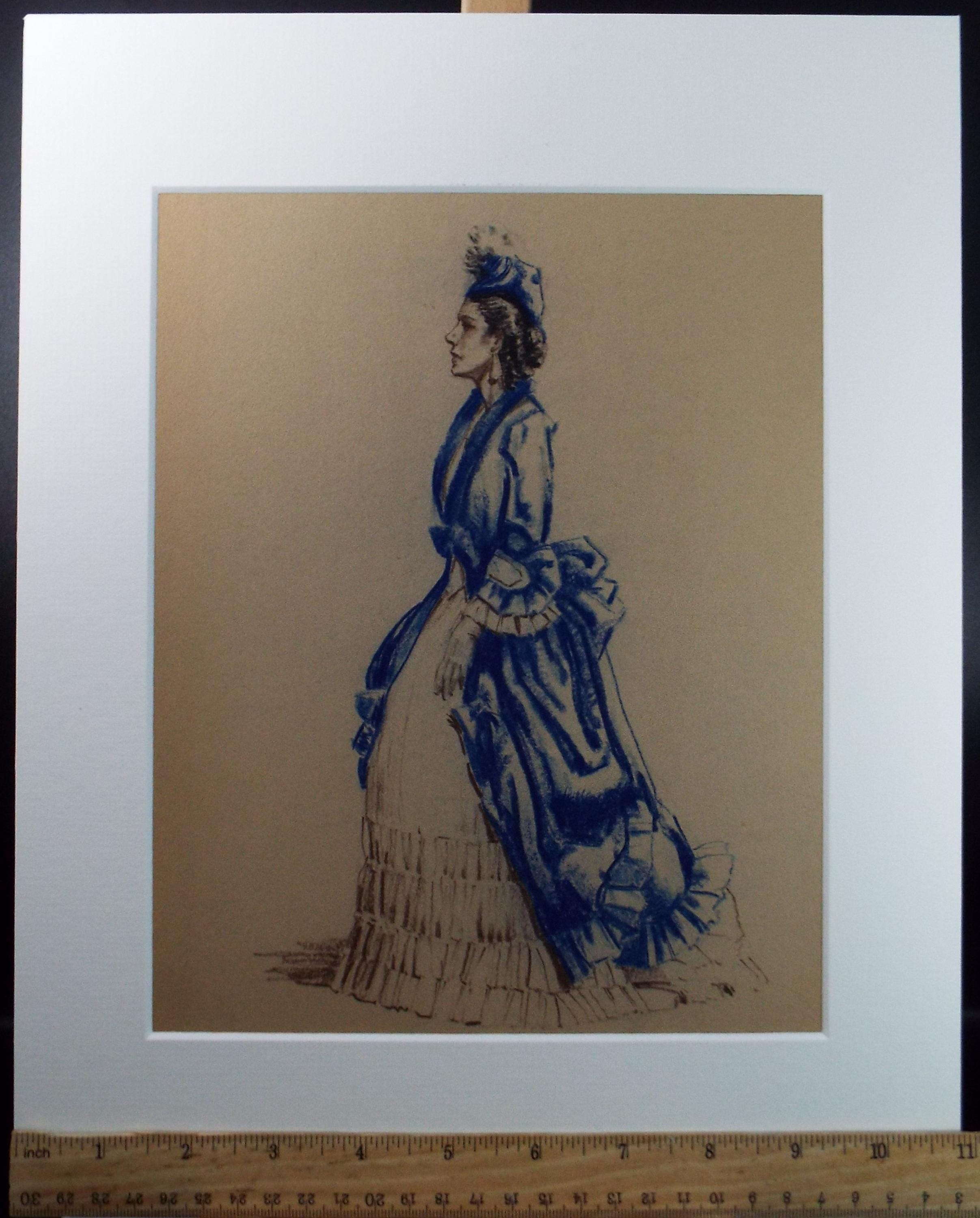 Original Pastel Drawing, 'Victorian Woman Study', Artist Unknown, Circa 1950's