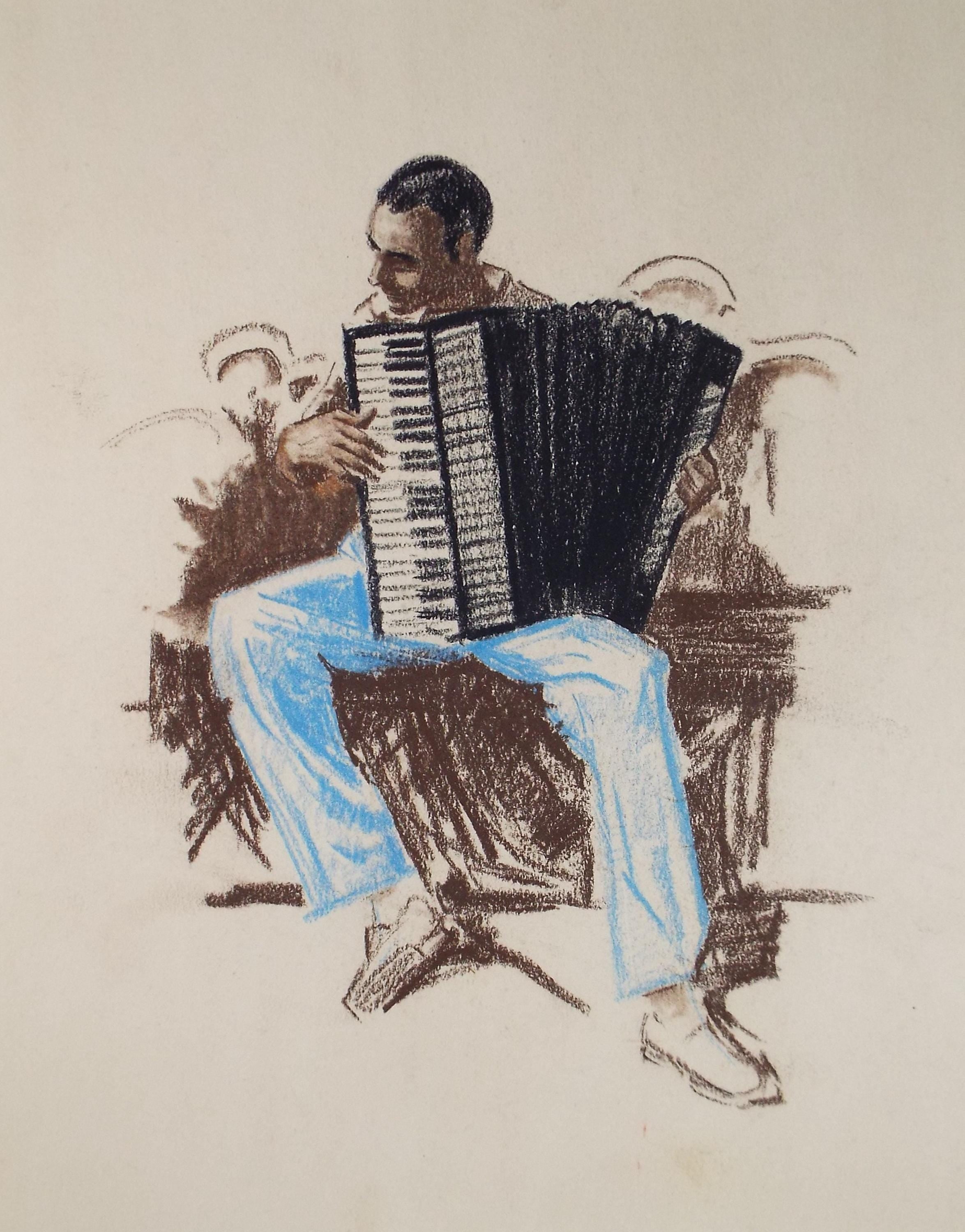 Original Pastel Drawing, 'Accordion Player', Artist Unknown, Circa 1950's