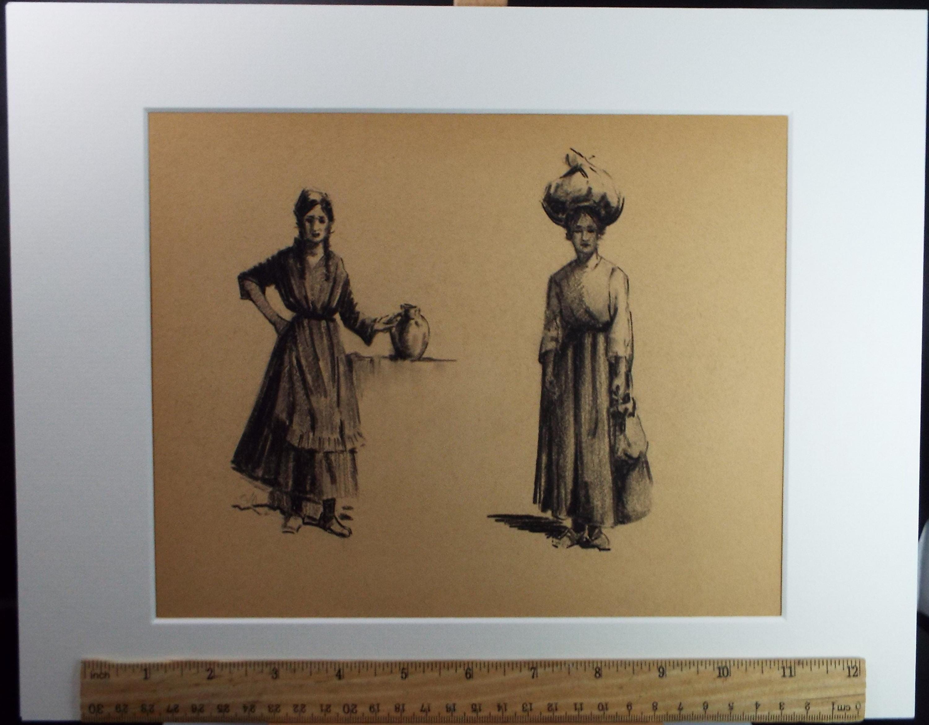 Original Pastel Drawing, 'Victorian Woman Study', Artist Unknown, Circa 1950's